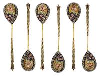A Set of Six Russian Silver-Gilt and Enamel Demitasse Spoons, Mark of 11th Artel, Moscow, early 20th century, each having an enameled f