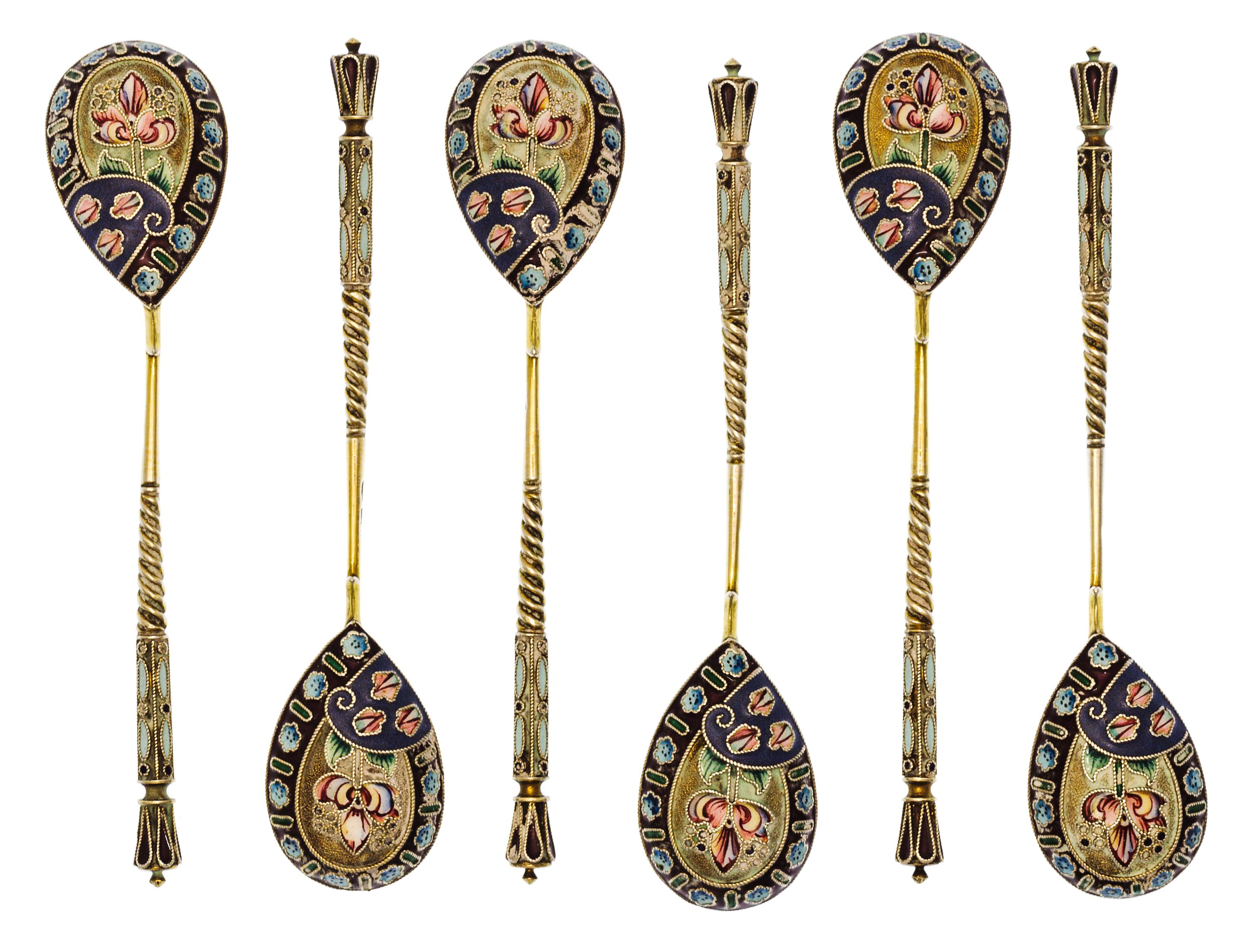 A Set of Six Russian Silver-Gilt and Enamel Demitasse Spoons, Mark of 11th Artel, Moscow, early 20th century, each having an enameled f