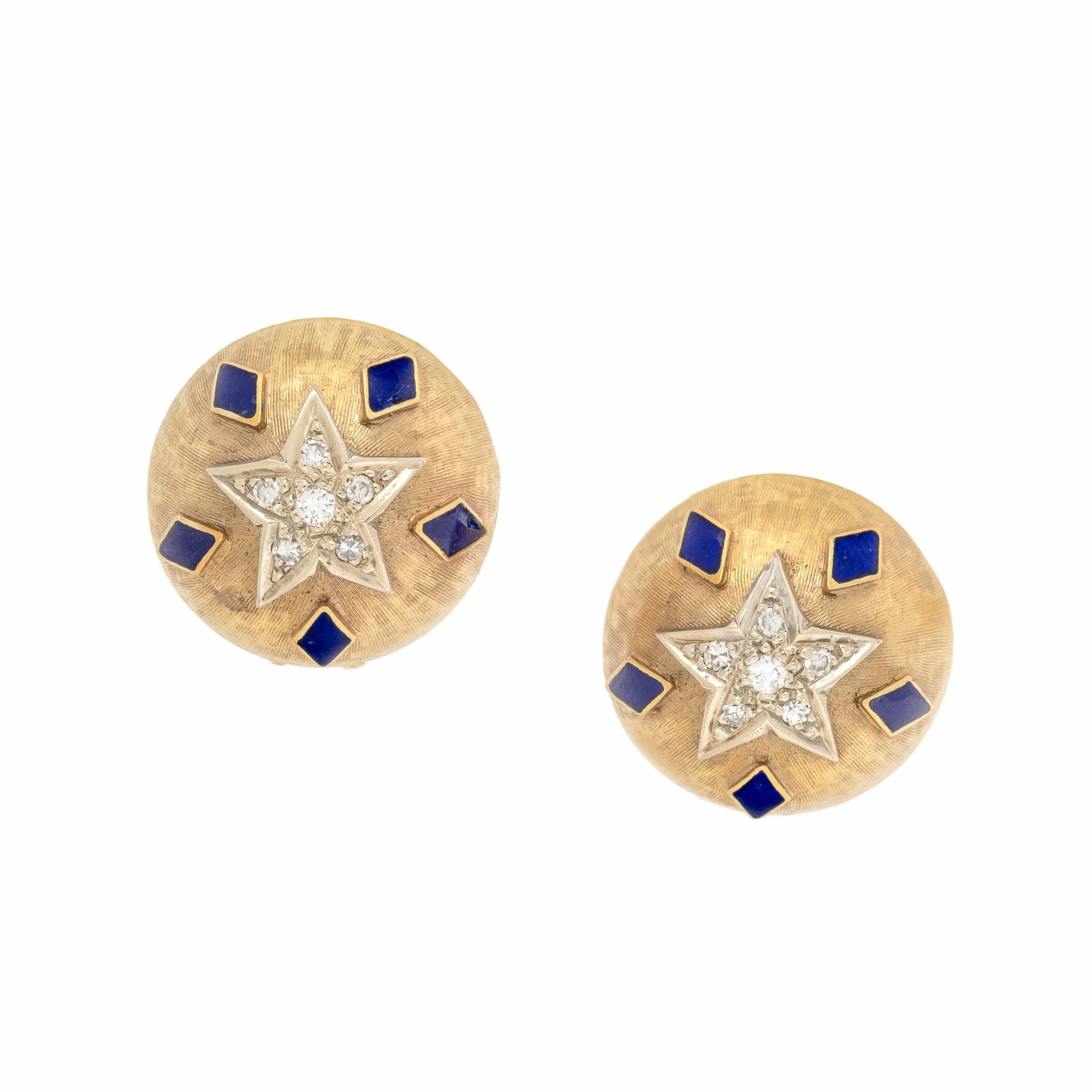 Yellow Gold, Enamel, and Diamond Star Earrings