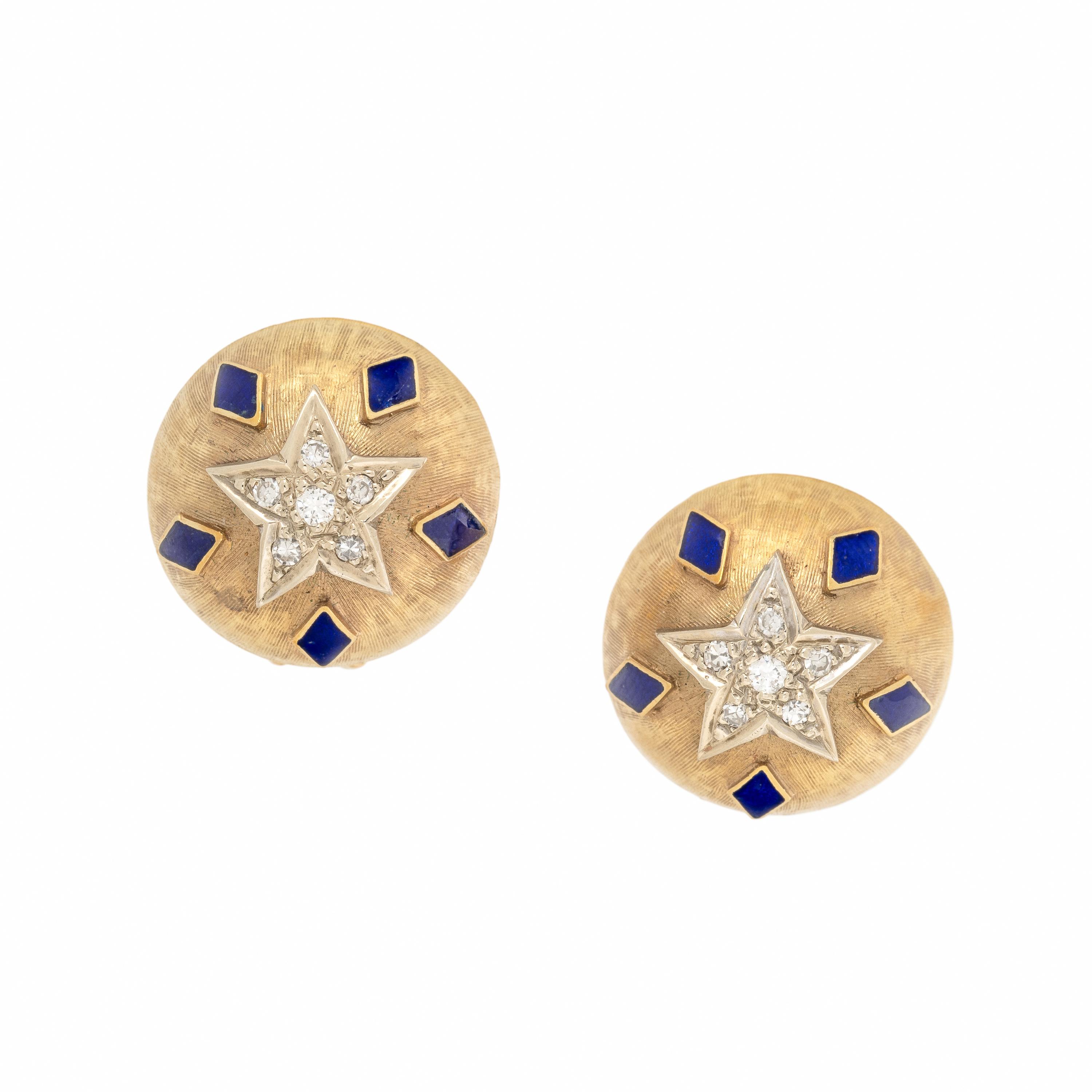 Yellow Gold, Enamel, and Diamond Star Earrings