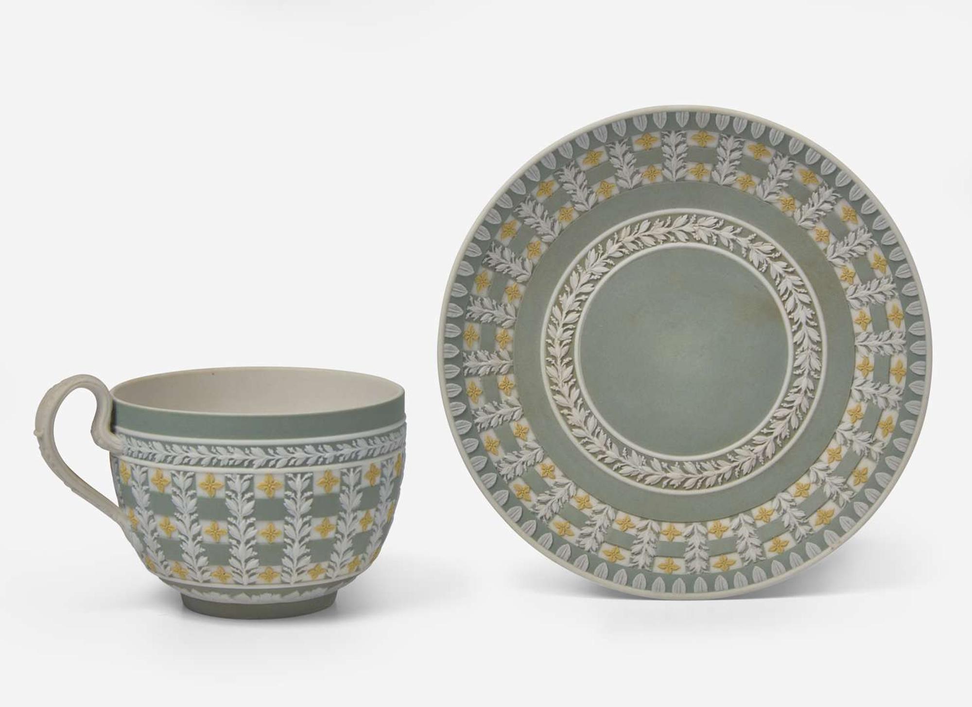 A Wedgwood Jasperware Tricolor Diced Ware Cup and Saucer, UK, circa 1820