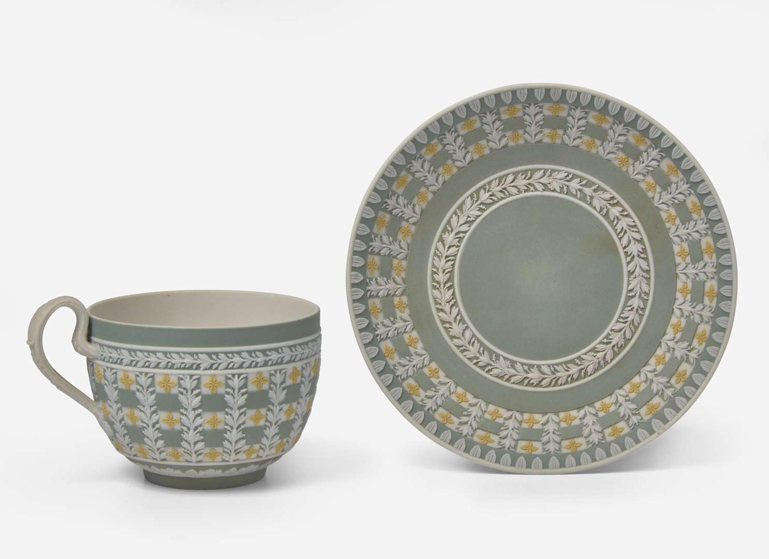 A Wedgwood Jasperware Tricolor Diced Ware Cup and Saucer, UK, circa 1820