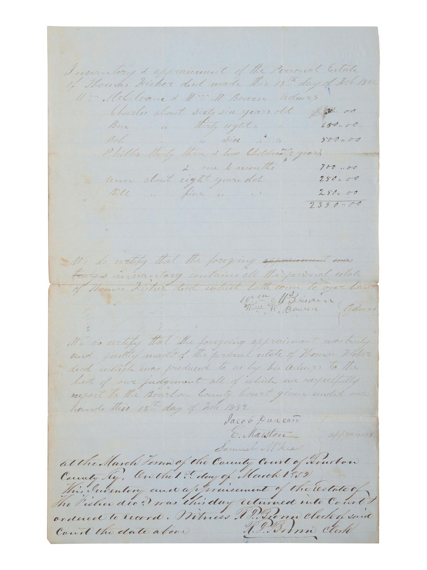 [ENSLAVEMENT & ABOLITION]. A group of 6 estate documents listing individual enslaved persons, most by name. [Bourbon County, KY]. 1831-1861.