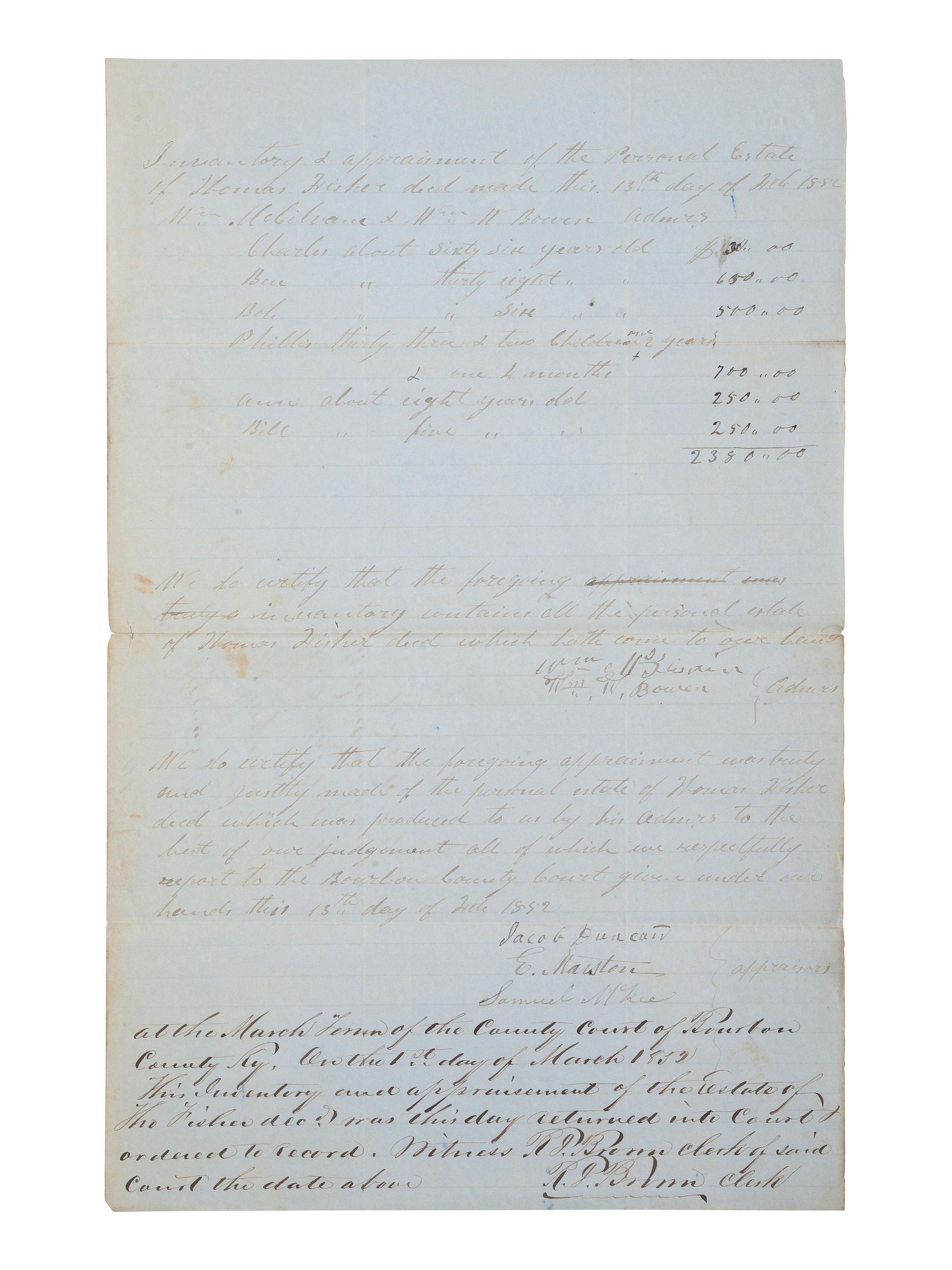 [ENSLAVEMENT & ABOLITION]. A group of 6 estate documents listing individual enslaved persons, most by name. [Bourbon County, KY]. 1831-1861.