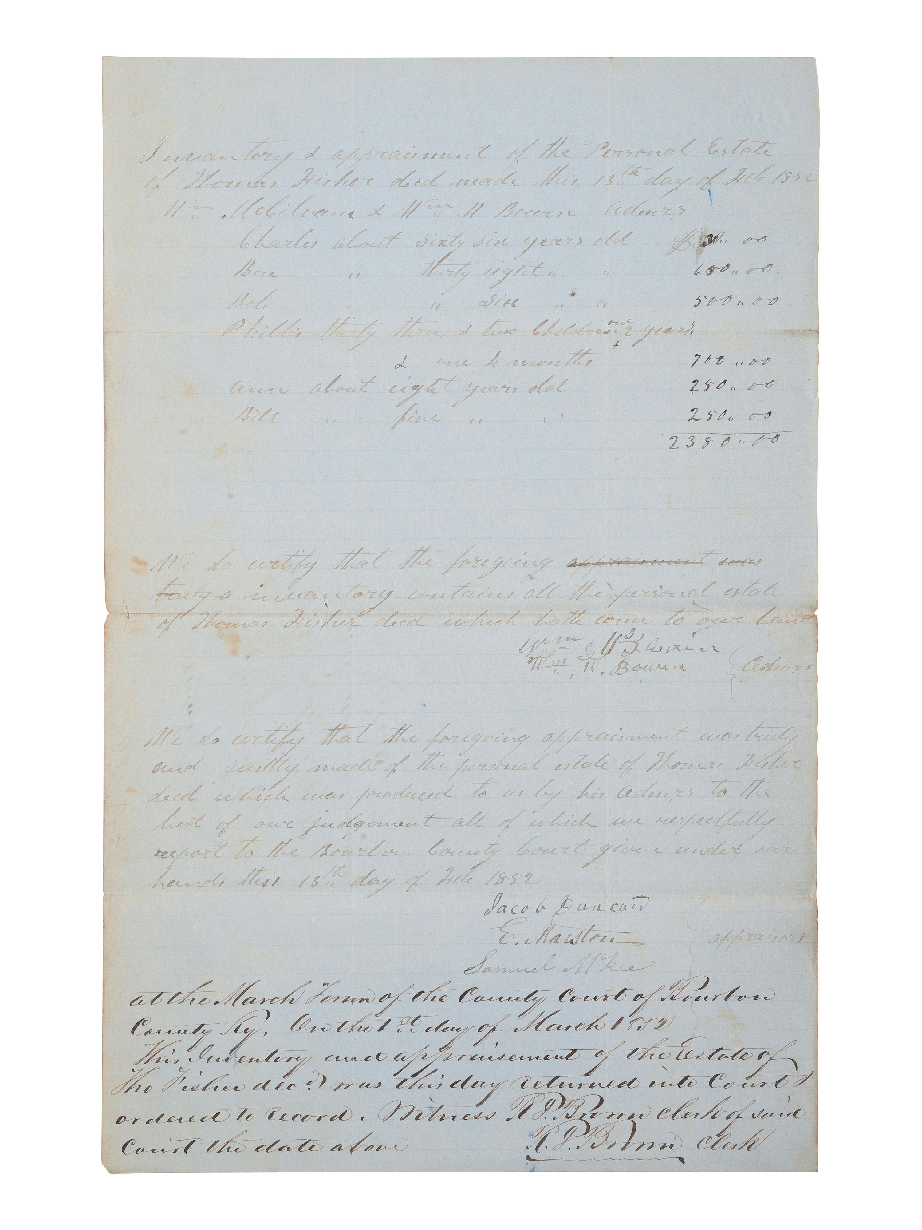 [ENSLAVEMENT & ABOLITION]. A group of 6 estate documents listing individual enslaved persons, most by name. [Bourbon County, KY]. 1831-1861.