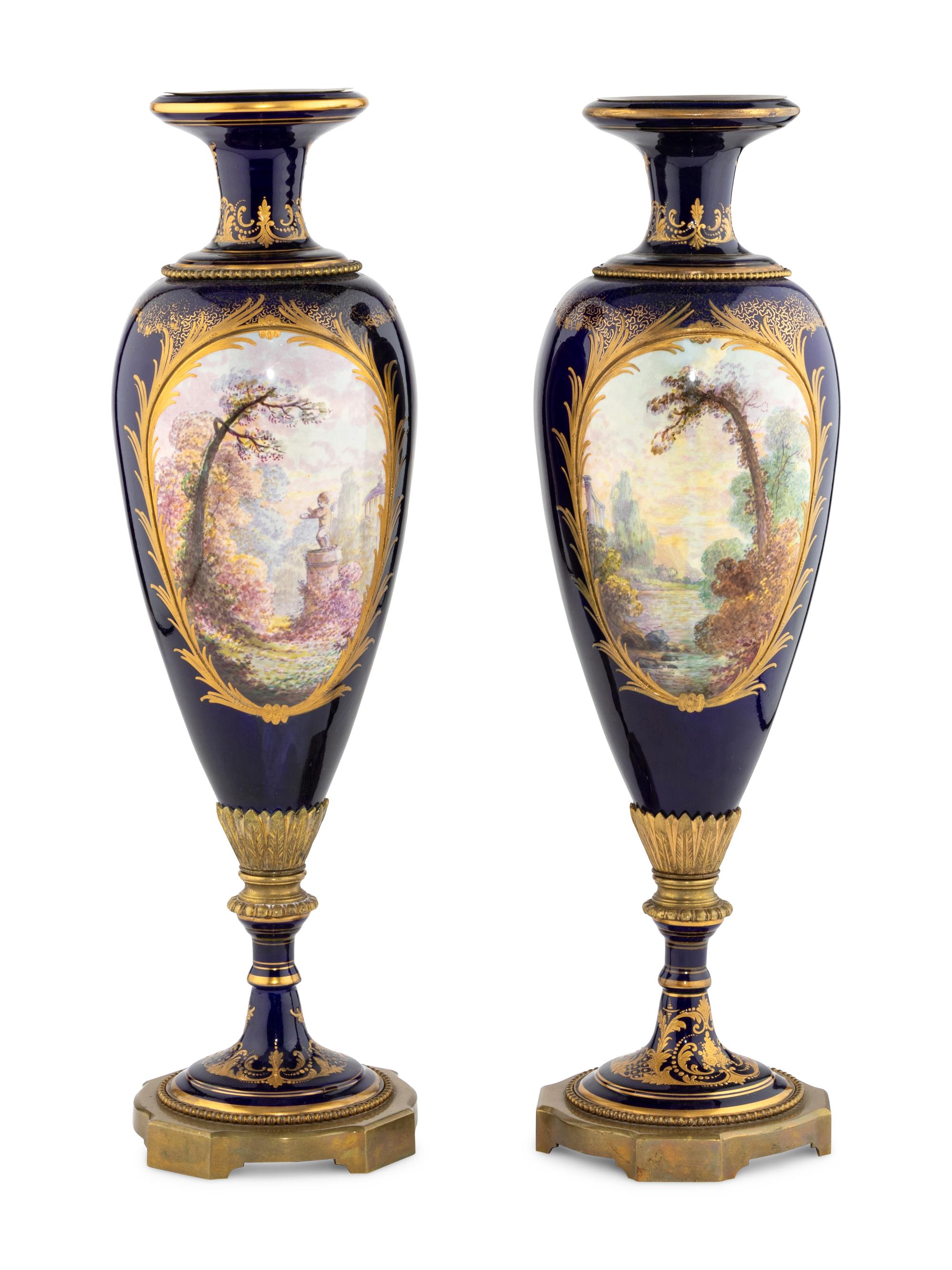A Pair of Sèvres Style Gilt Metal Mounted Porcelain Vases