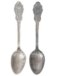 [WESTERN AMERICANA]. A group of 2 Henry Bohm silver banquet spoons commissioned by railroad magnate Otto Mears and featuring detailed mining scenes, ca 1890s.