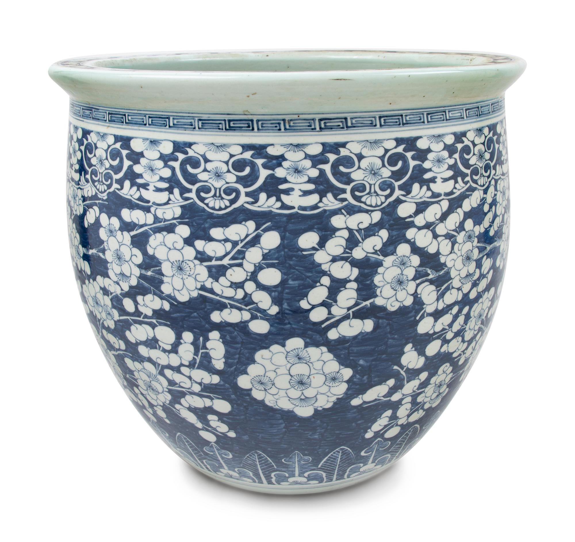 A Large Blue and White 'Plum Blossom' Porcelain Fish Bowl
