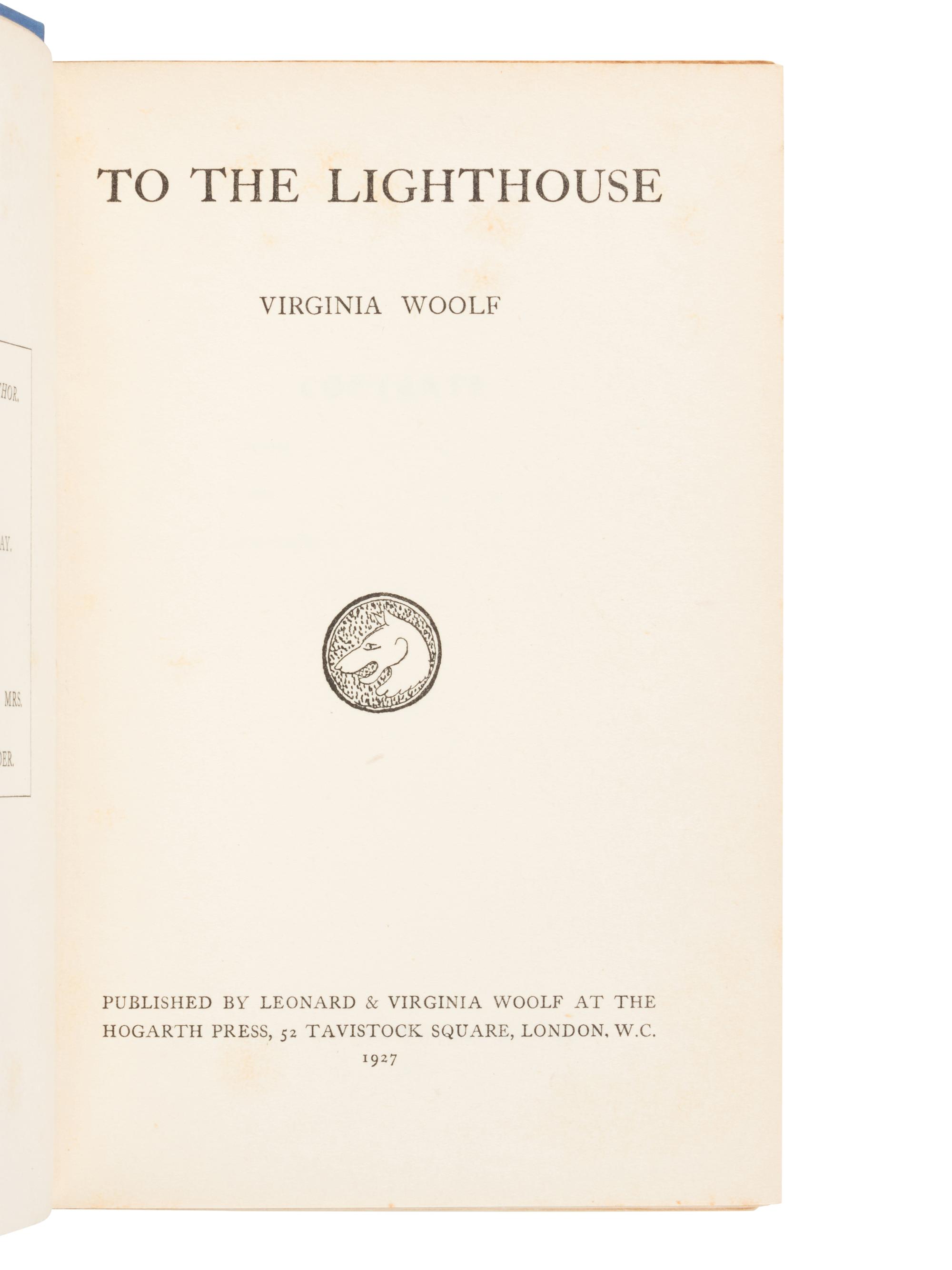WOOLF, Virginia (1882-1941). To the Lighthouse . London: Leonard & Virginia Woolf at the Hogarth Press, 1927.