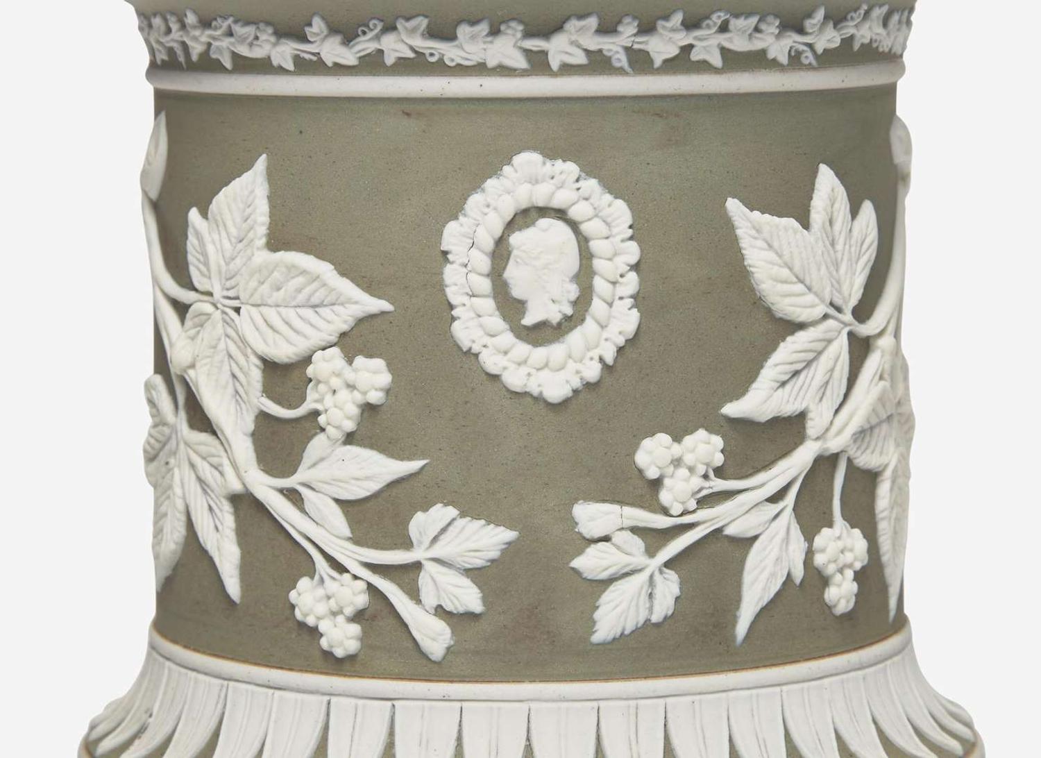 A Pair of Adams & Bromley Green Dip Jasperware Potpourri and Covers, UK, circa 1880