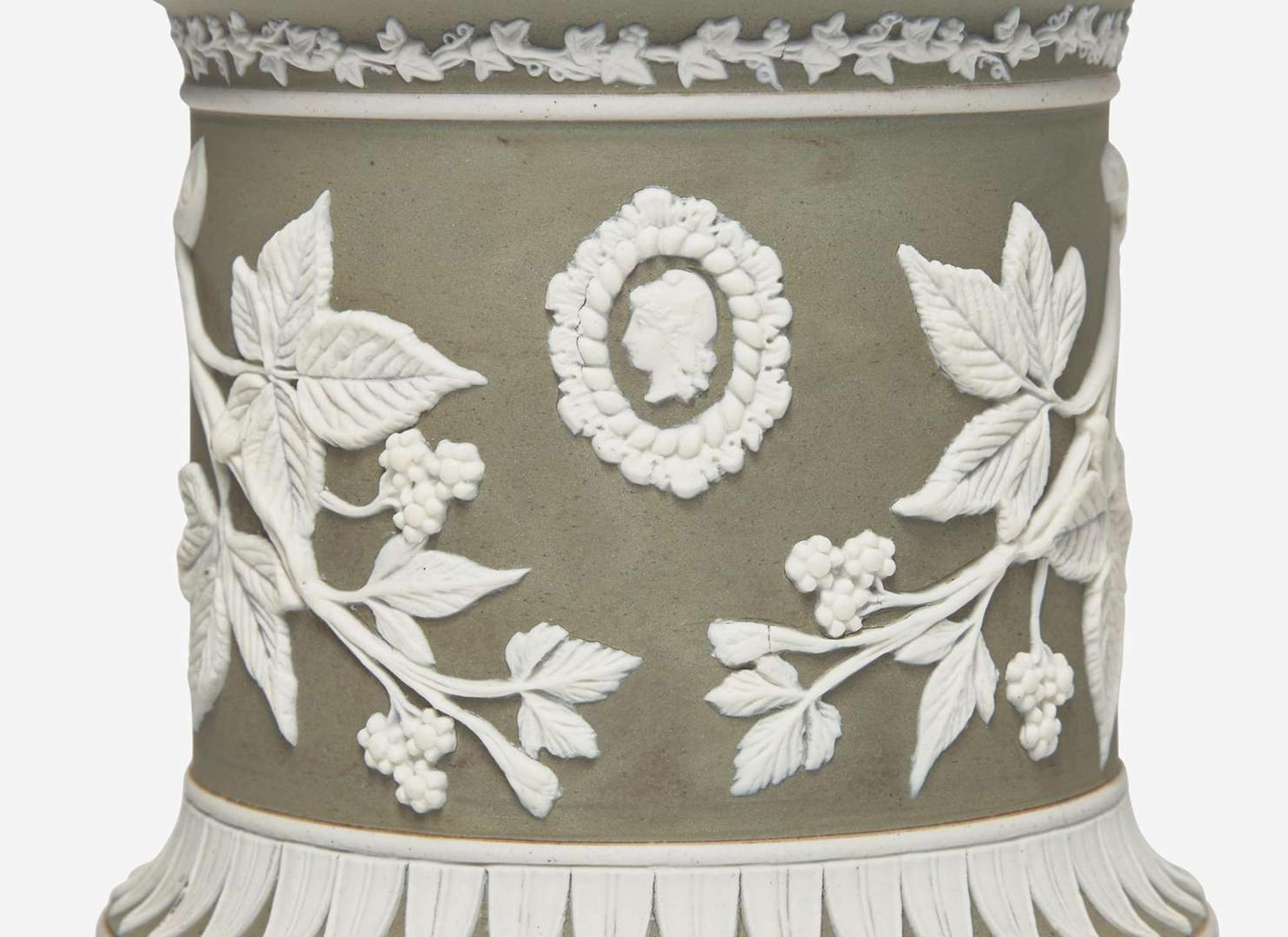 A Pair of Adams & Bromley Green Dip Jasperware Potpourri and Covers, UK, circa 1880