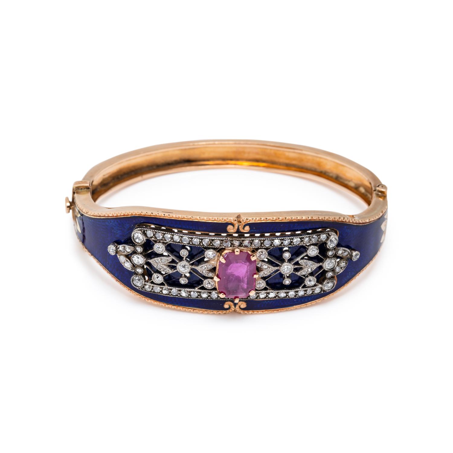 RUBY, DIAMOND AND ENAMEL BANGLE BRACELET