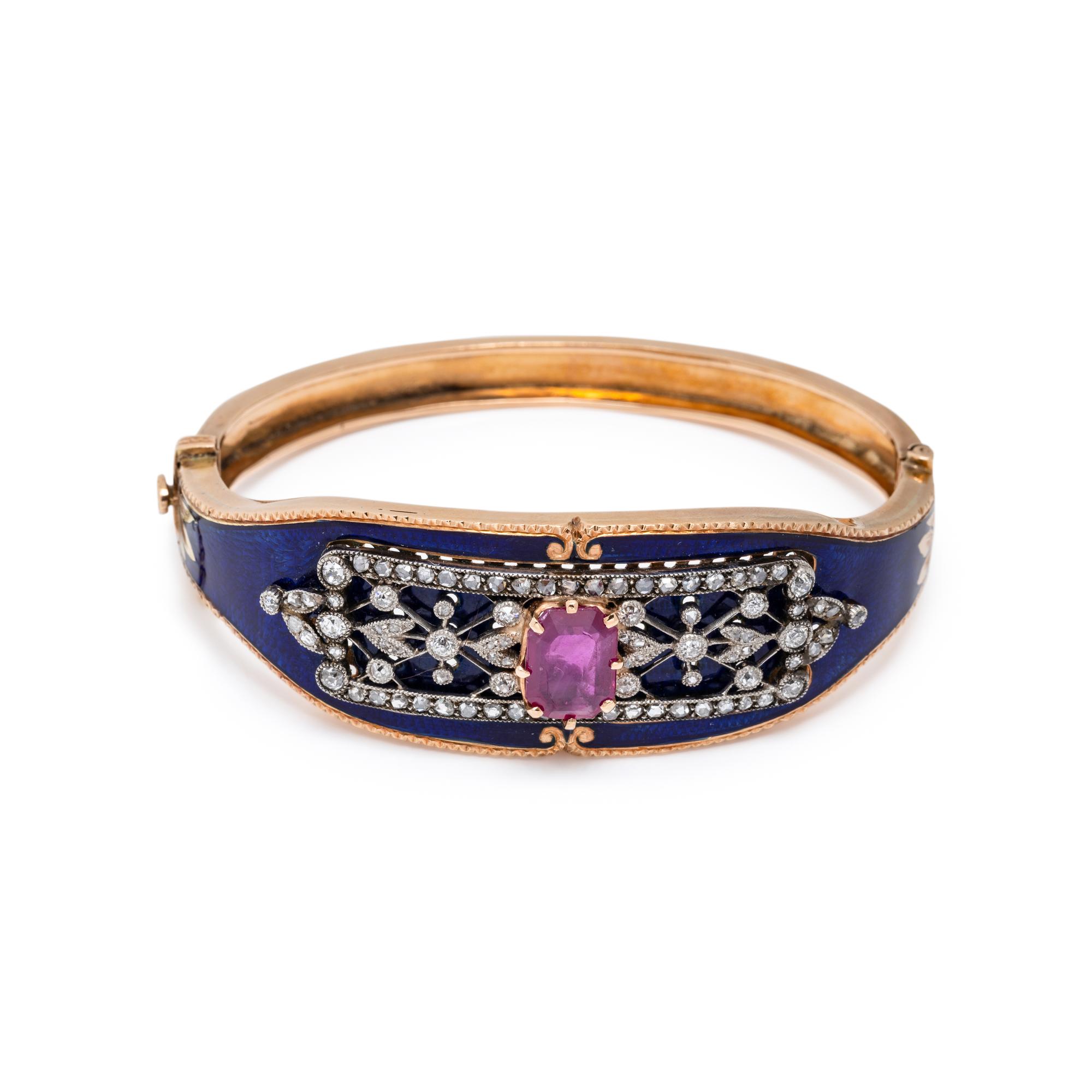 RUBY, DIAMOND AND ENAMEL BANGLE BRACELET