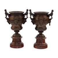 A Pair of Renaissance Revival Bronze and Marble Urns
