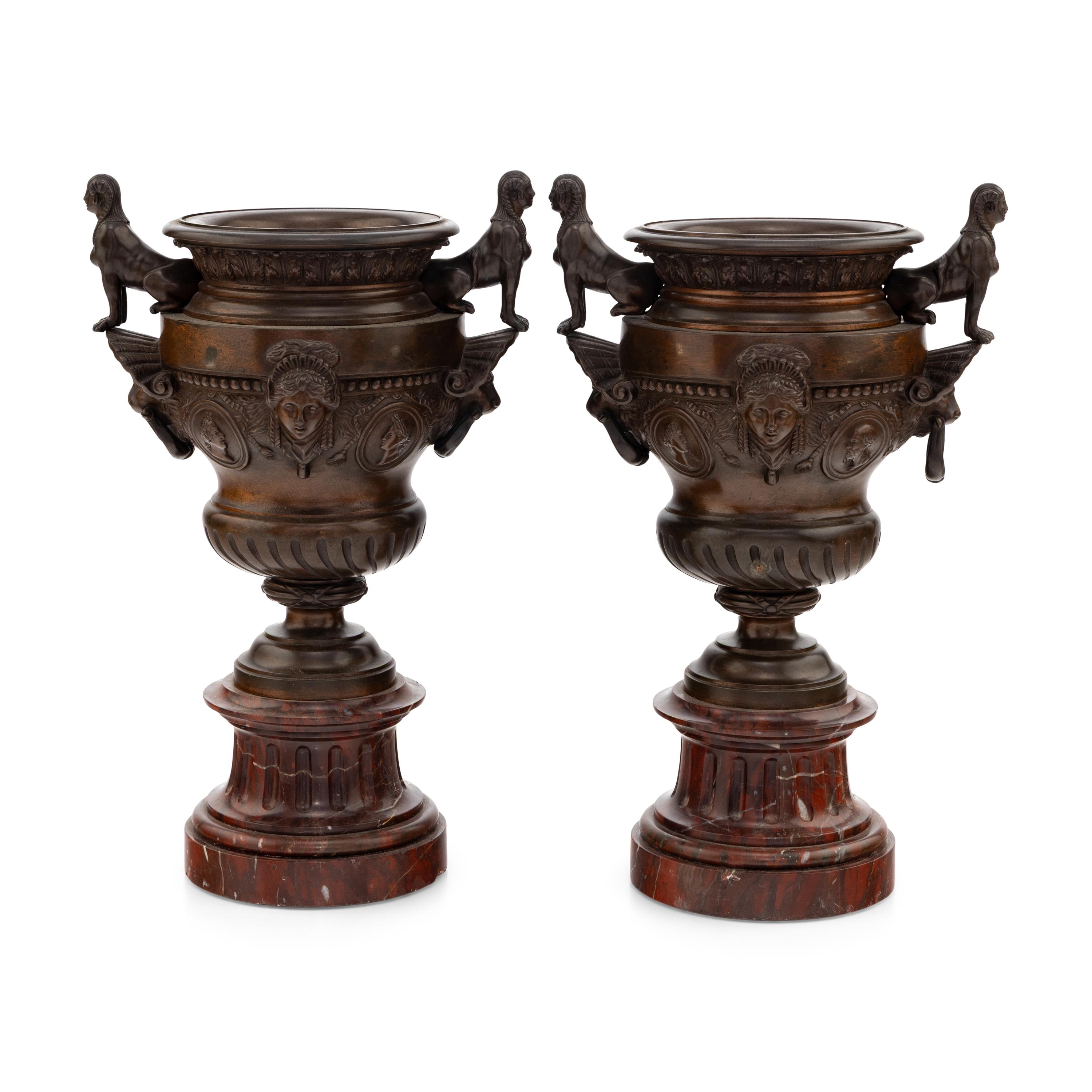 A Pair of Renaissance Revival Bronze and Marble Urns