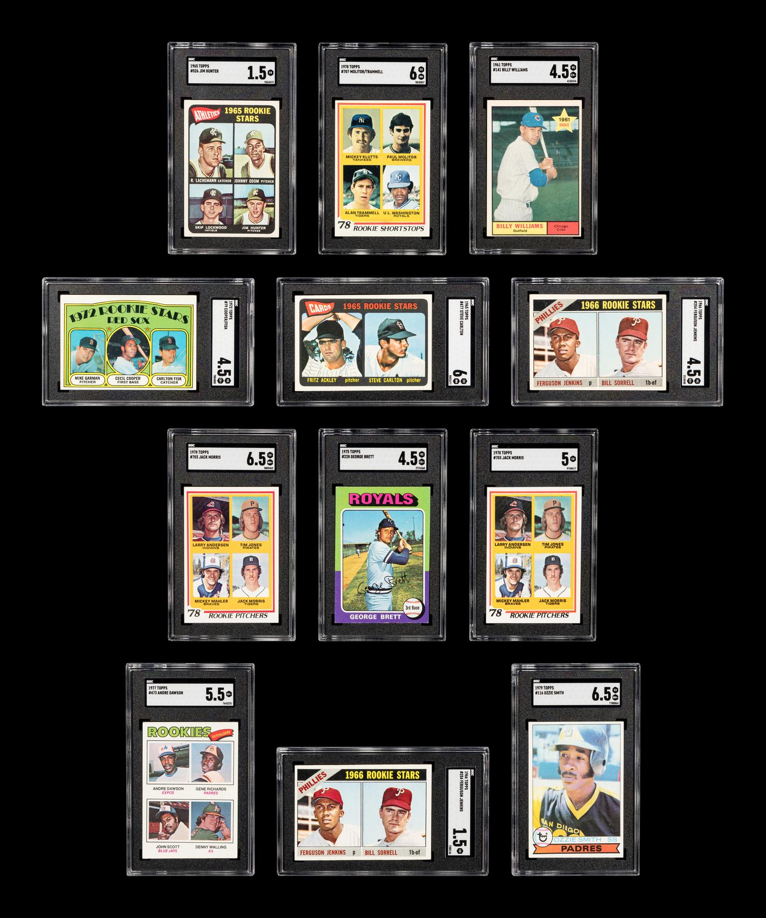 A Group of 12 Hall of Fame Rookie Baseball Cards (Carlton Fisk, Steve Carlton, Ozzie Smith, Andre Dawson, Paul Moiltor / Alan Trammell, Jack Morris, George Brett, Fergie Jenkins, Jim Catfish Hunter),