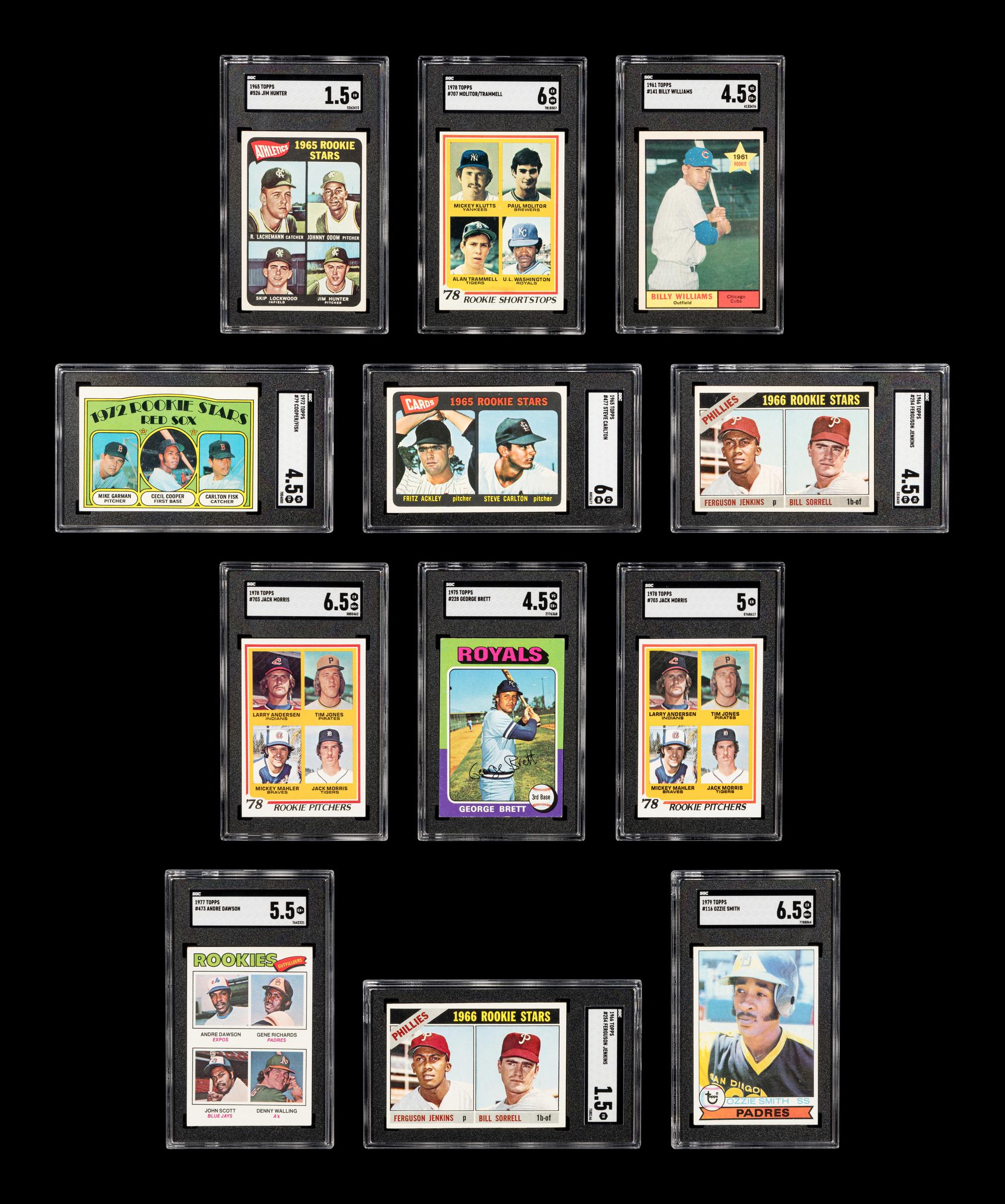 A Group of 12 Hall of Fame Rookie Baseball Cards (Carlton Fisk, Steve Carlton, Ozzie Smith, Andre Dawson, Paul Moiltor / Alan Trammell, Jack Morris, George Brett, Fergie Jenkins, Jim Catfish Hunter),