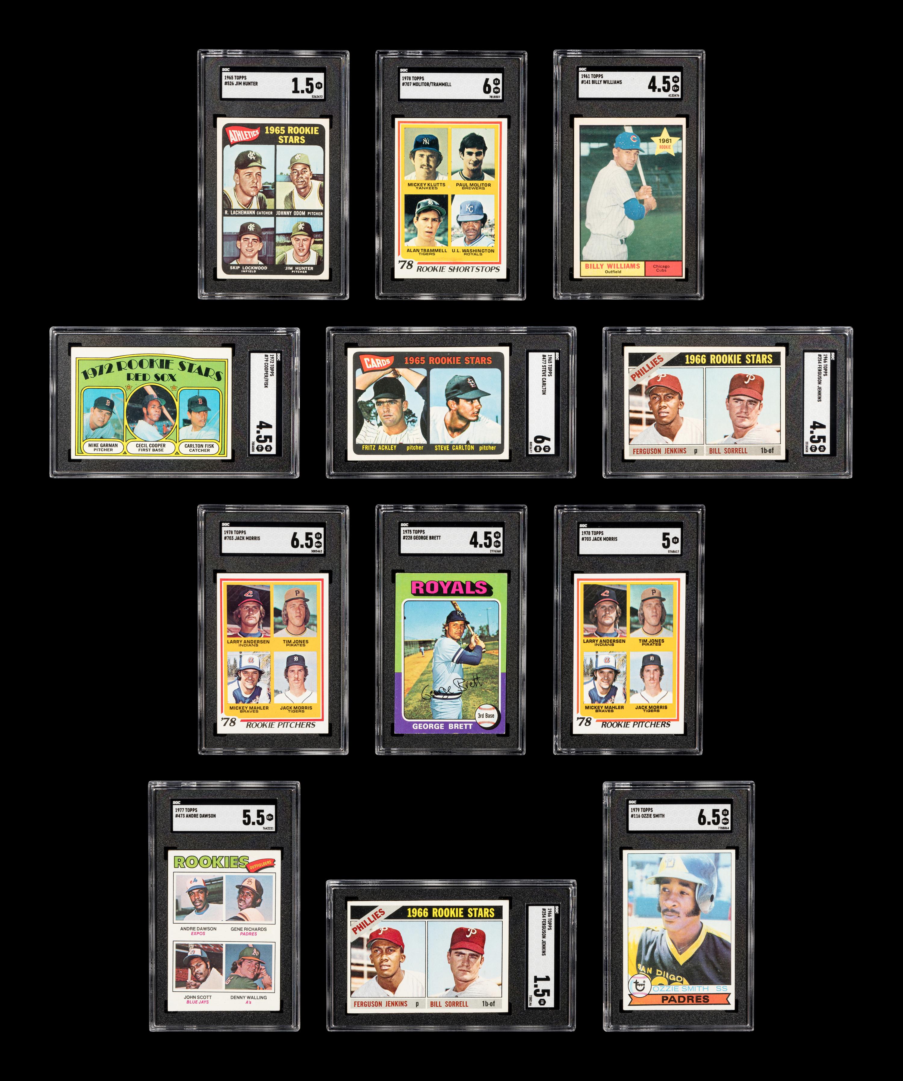 A Group of 12 Hall of Fame Rookie Baseball Cards (Carlton Fisk, Steve Carlton, Ozzie Smith, Andre Dawson, Paul Moiltor / Alan Trammell, Jack Morris, George Brett, Fergie Jenkins, Jim Catfish Hunter),