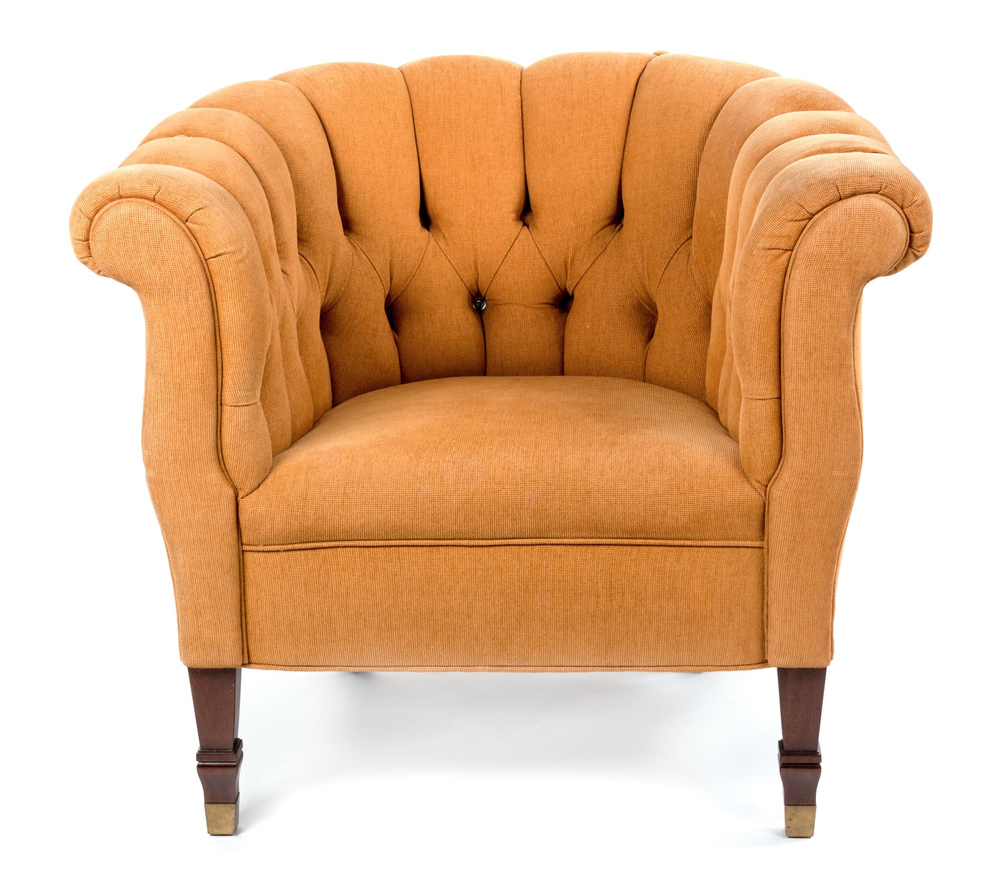 A Mahogany Upholstered Tub Chair Height 29 inches.