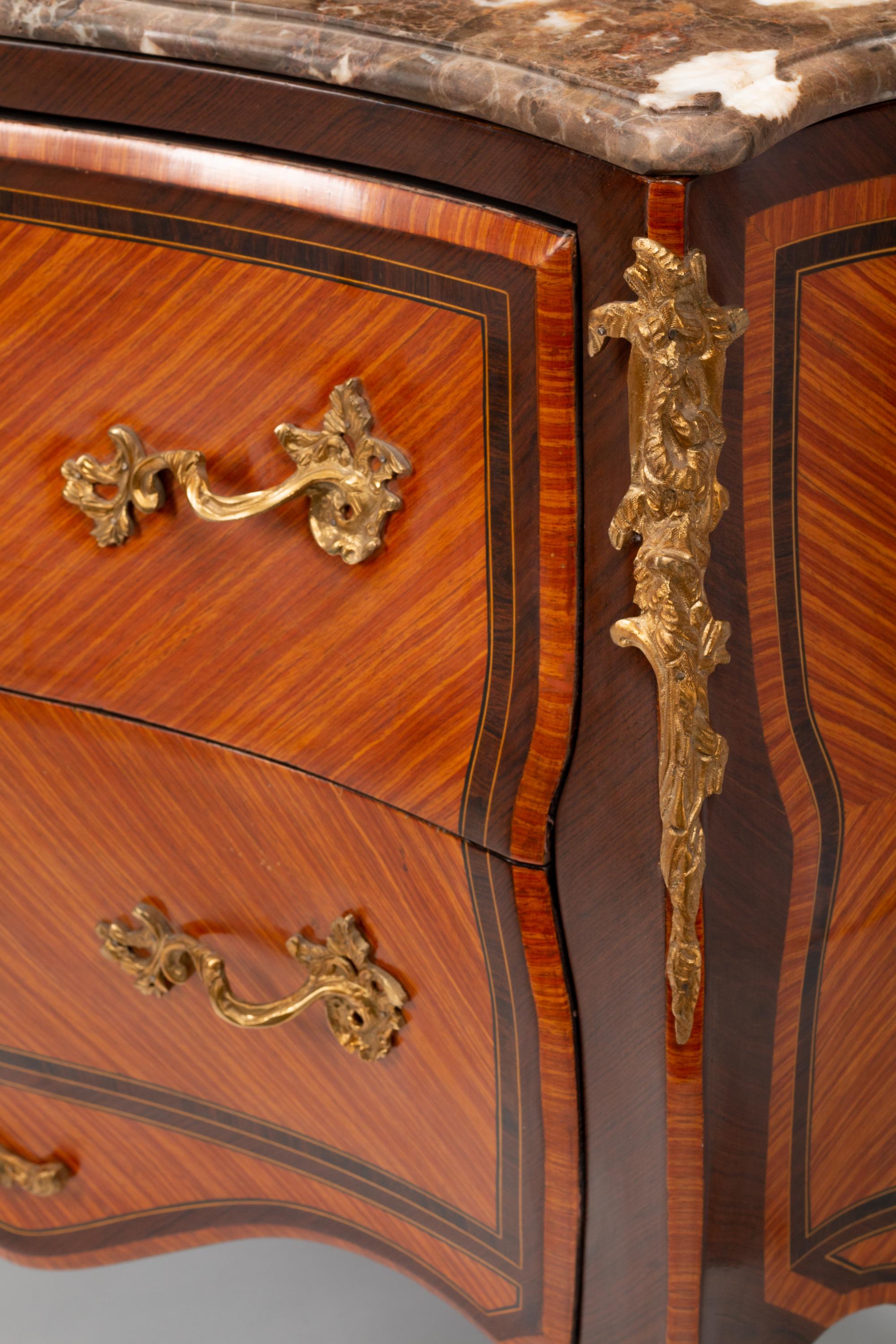 A Pair of Louis XV Style Marquetry Marble-Top Commodes