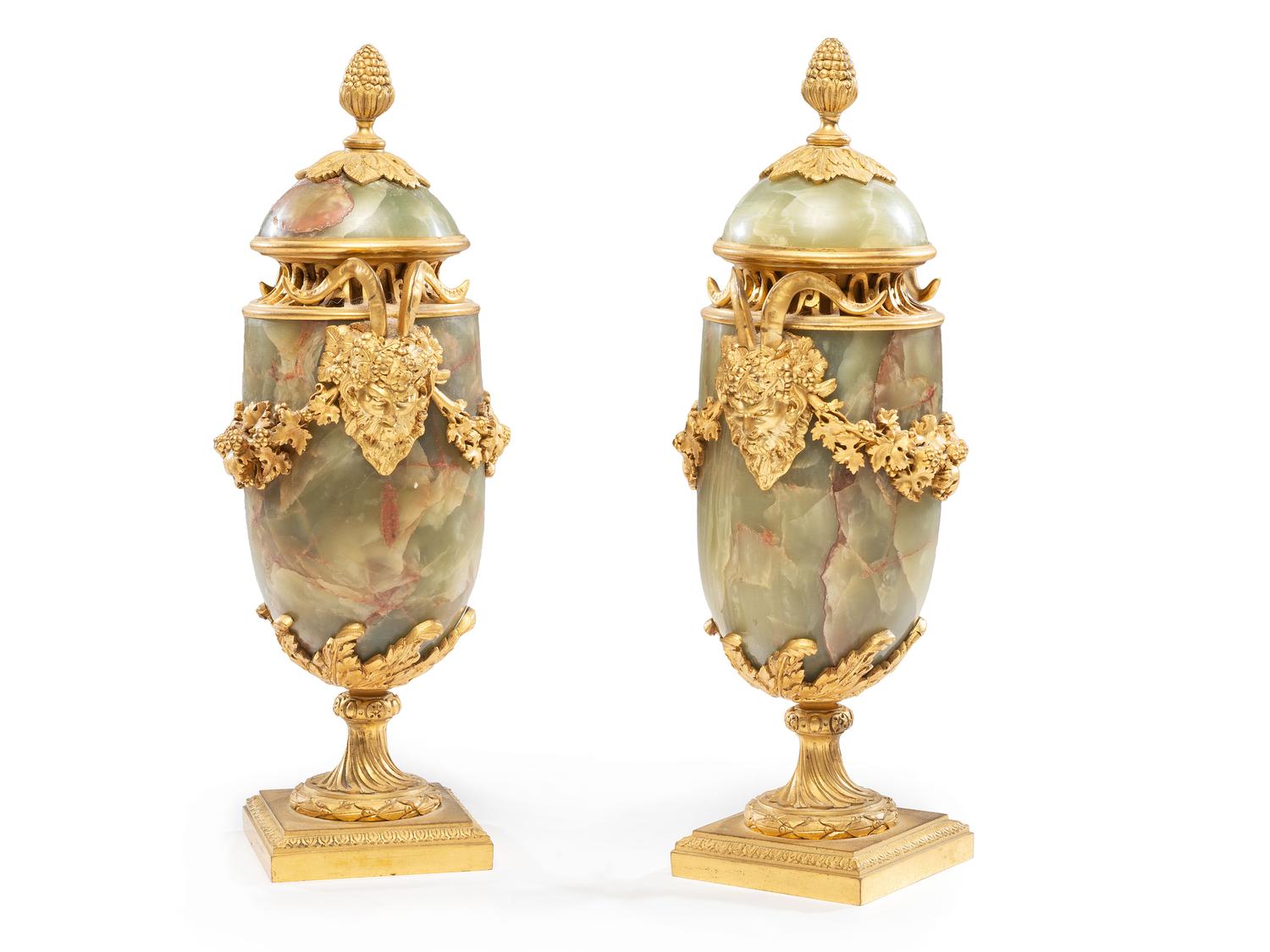 A Pair of French Gilt Bronze and Onyx Urn Ornaments