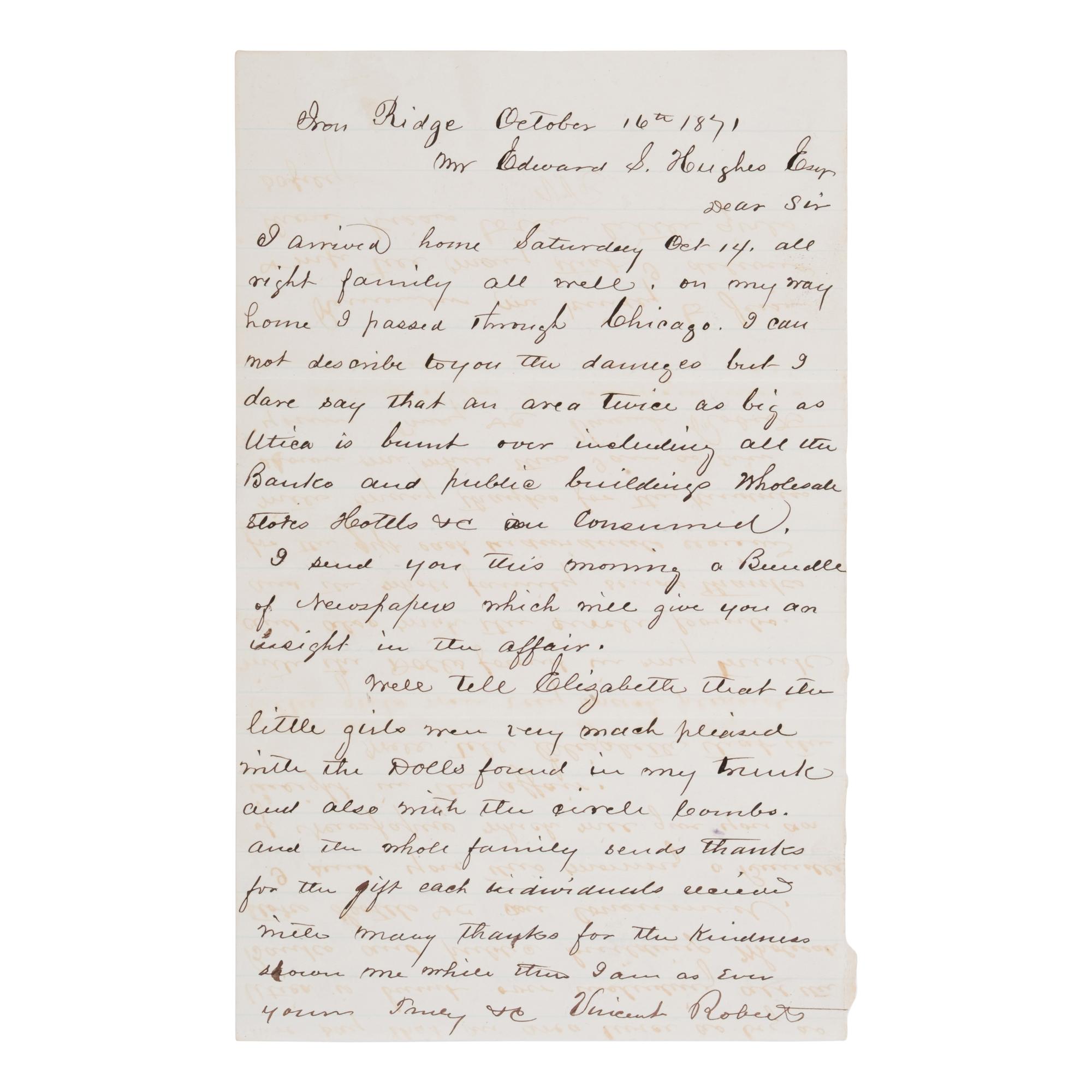 [Chicago Fire]. A large archive of letters, documents, tokens, and ephemera related to the Great Fire.