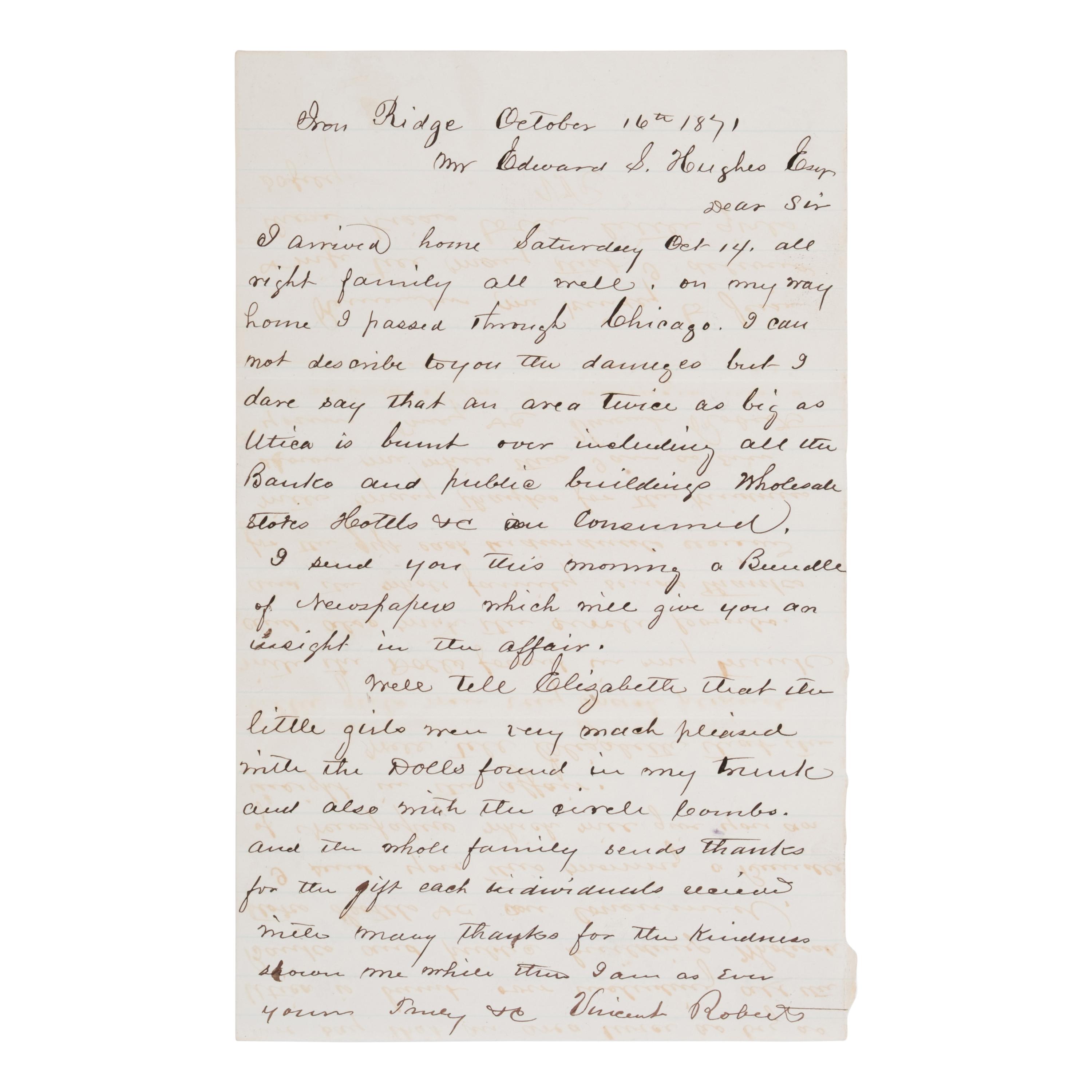 [Chicago Fire]. A large archive of letters, documents, tokens, and ephemera related to the Great Fire.