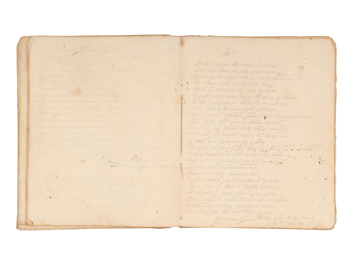 [MARITIME]. Log of the Barques Wavelet , Looling , and J.H. Wills documenting journeys in East Asia, ca 1862-1865. [ With: ] Notebook containing sea shanties and sketches of ships, ca 1862-63.