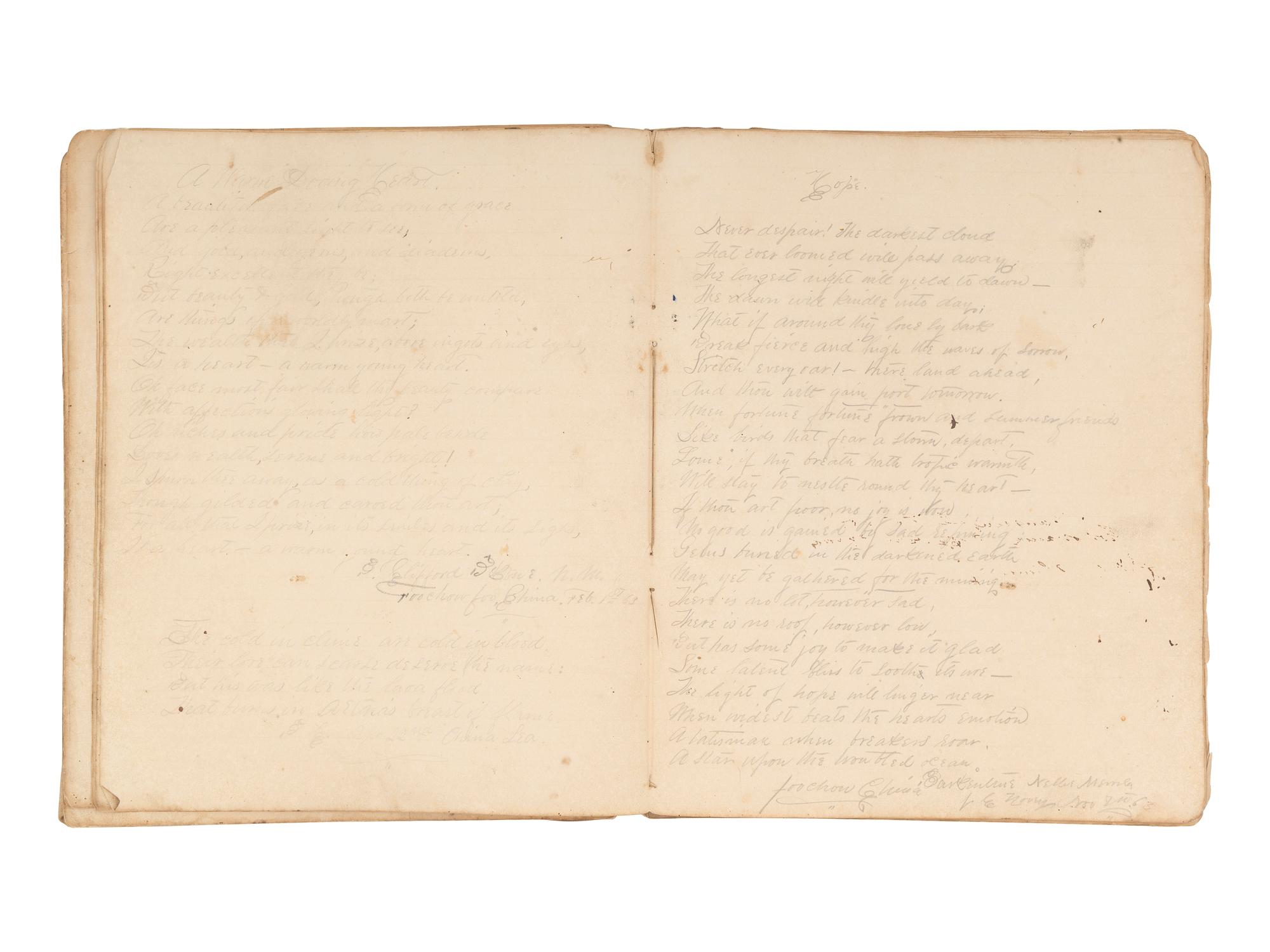 [MARITIME]. Log of the Barques Wavelet , Looling , and J.H. Wills documenting journeys in East Asia, ca 1862-1865. [ With: ] Notebook containing sea shanties and sketches of ships, ca 1862-63.