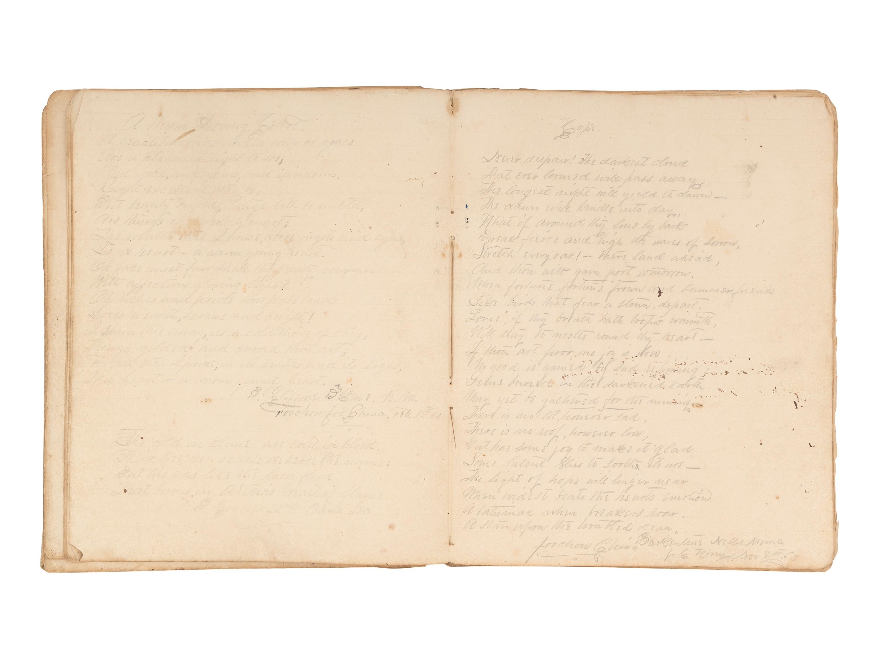 [MARITIME]. Log of the Barques Wavelet , Looling , and J.H. Wills documenting journeys in East Asia, ca 1862-1865. [ With: ] Notebook containing sea shanties and sketches of ships, ca 1862-63.