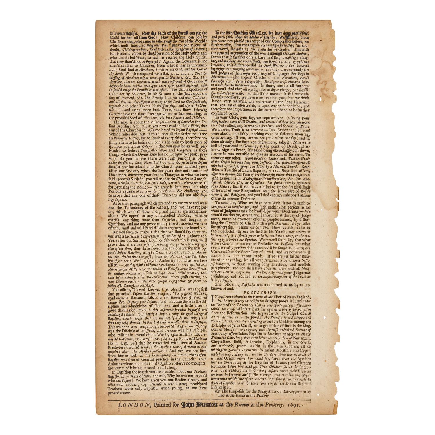 [Native-Americana] [Eliot, John] The Athenian Mercury, with a Postscript Honoring John Eliot