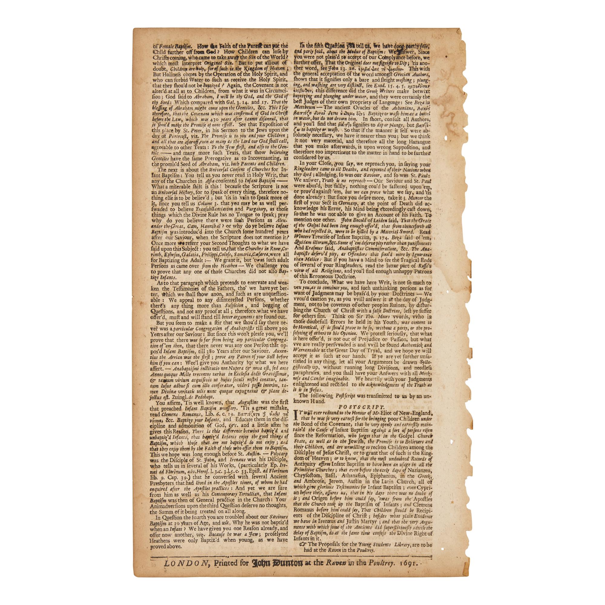 [Native-Americana] [Eliot, John] The Athenian Mercury, with a Postscript Honoring John Eliot