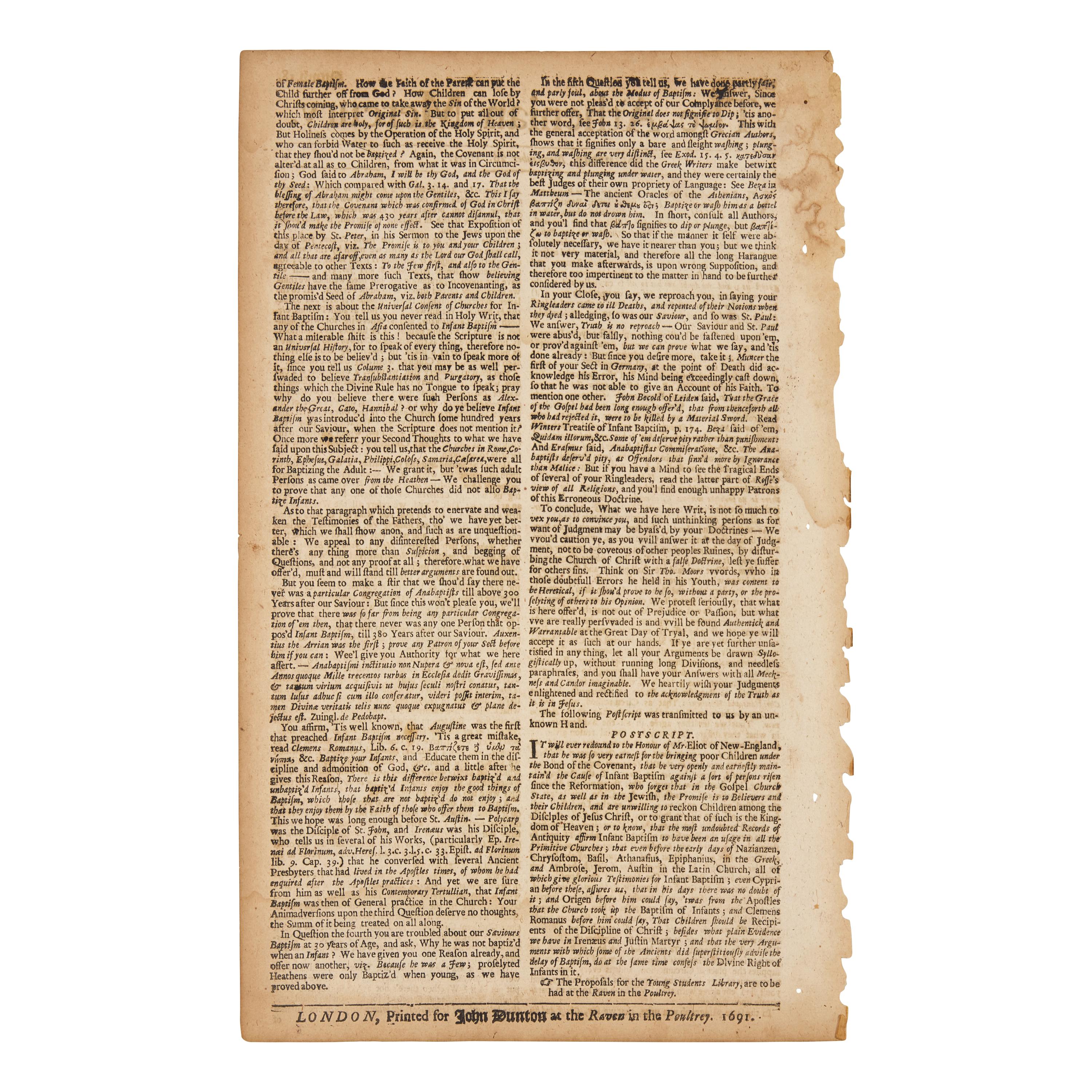 [Native-Americana] [Eliot, John] The Athenian Mercury, with a Postscript Honoring John Eliot