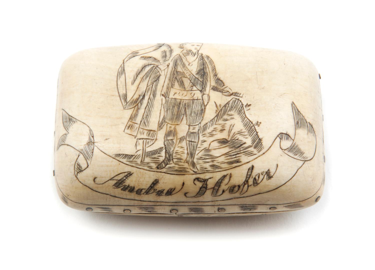 A Carved Horn Snuff Box, Width 2 1/2 inches.