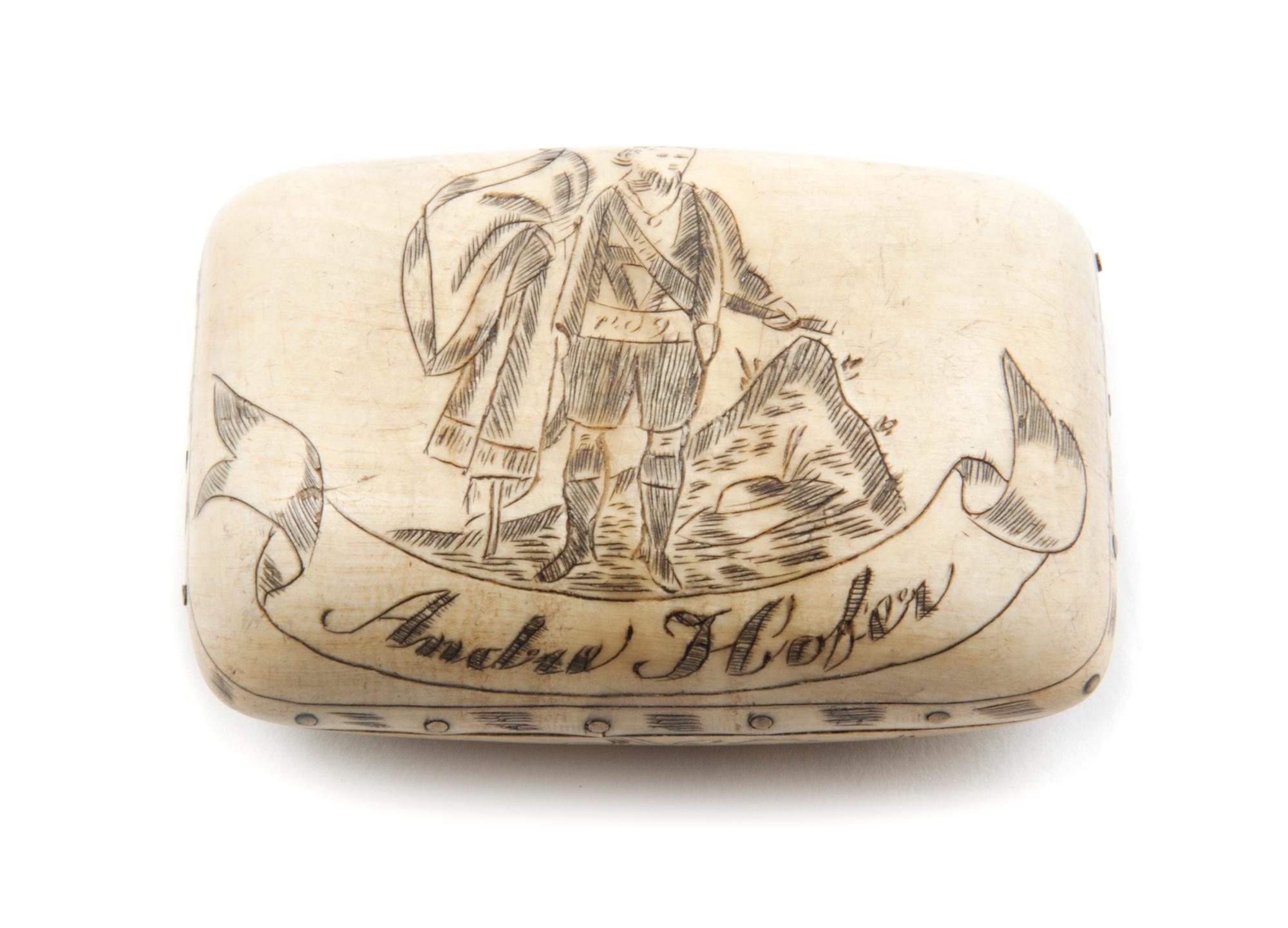 A Carved Horn Snuff Box, Width 2 1/2 inches.