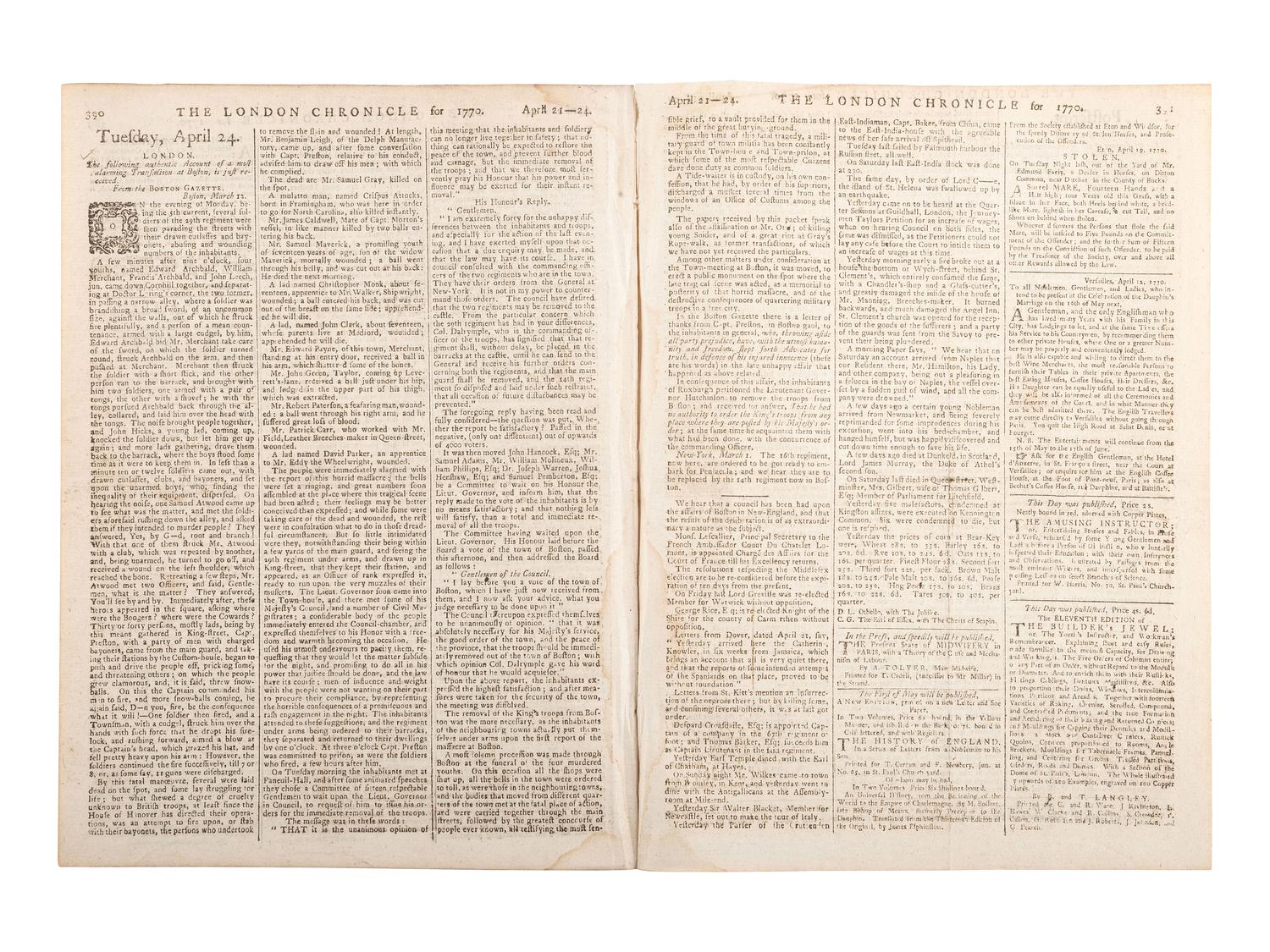 [REVOLUTIONARY WAR]. A group of 3 newspapers reporting on events involving the American Revolution, incl. the first news of the Boston Massacre.