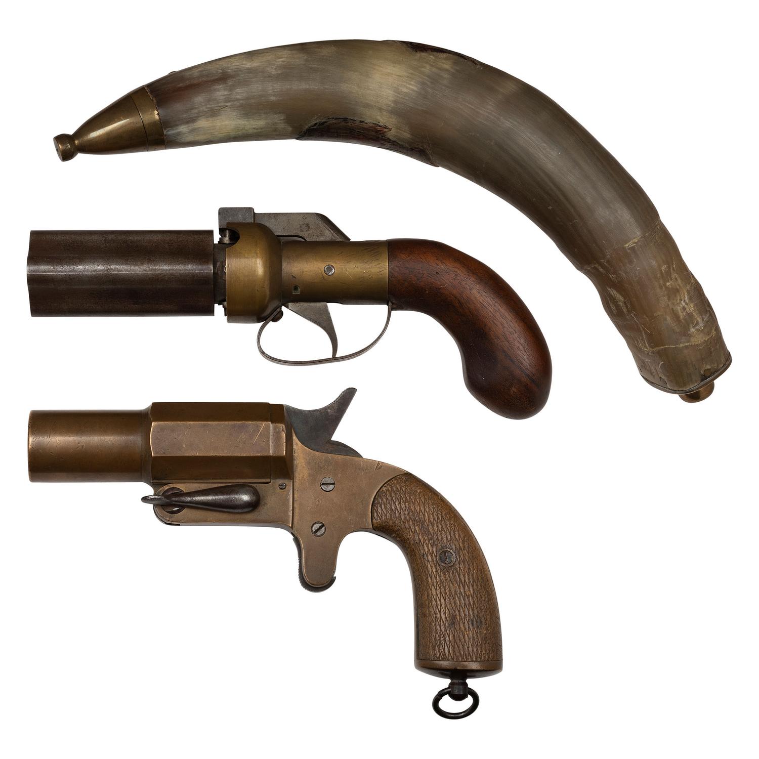 Belgian Warnant Flobert .32 Rimfire Rifle, Reproduction Pepperbox, and Brass Flare Pistol