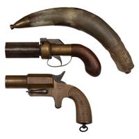 Belgian Warnant Flobert .32 Rimfire Rifle, Reproduction Pepperbox, and Brass Flare Pistol