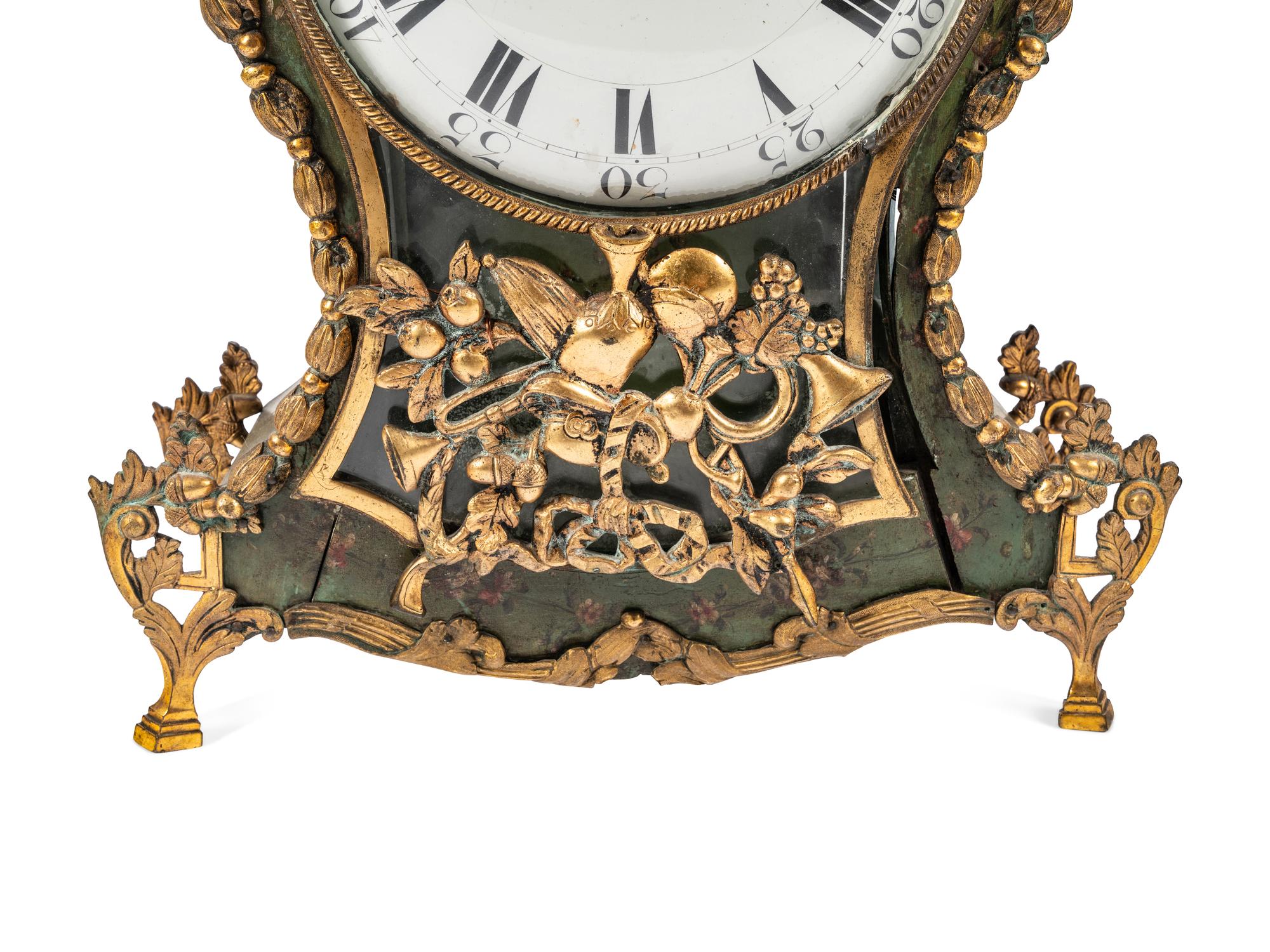 A Louis XV Gilt Metal Mounted Green-Painted Bracket Clock and Bracket