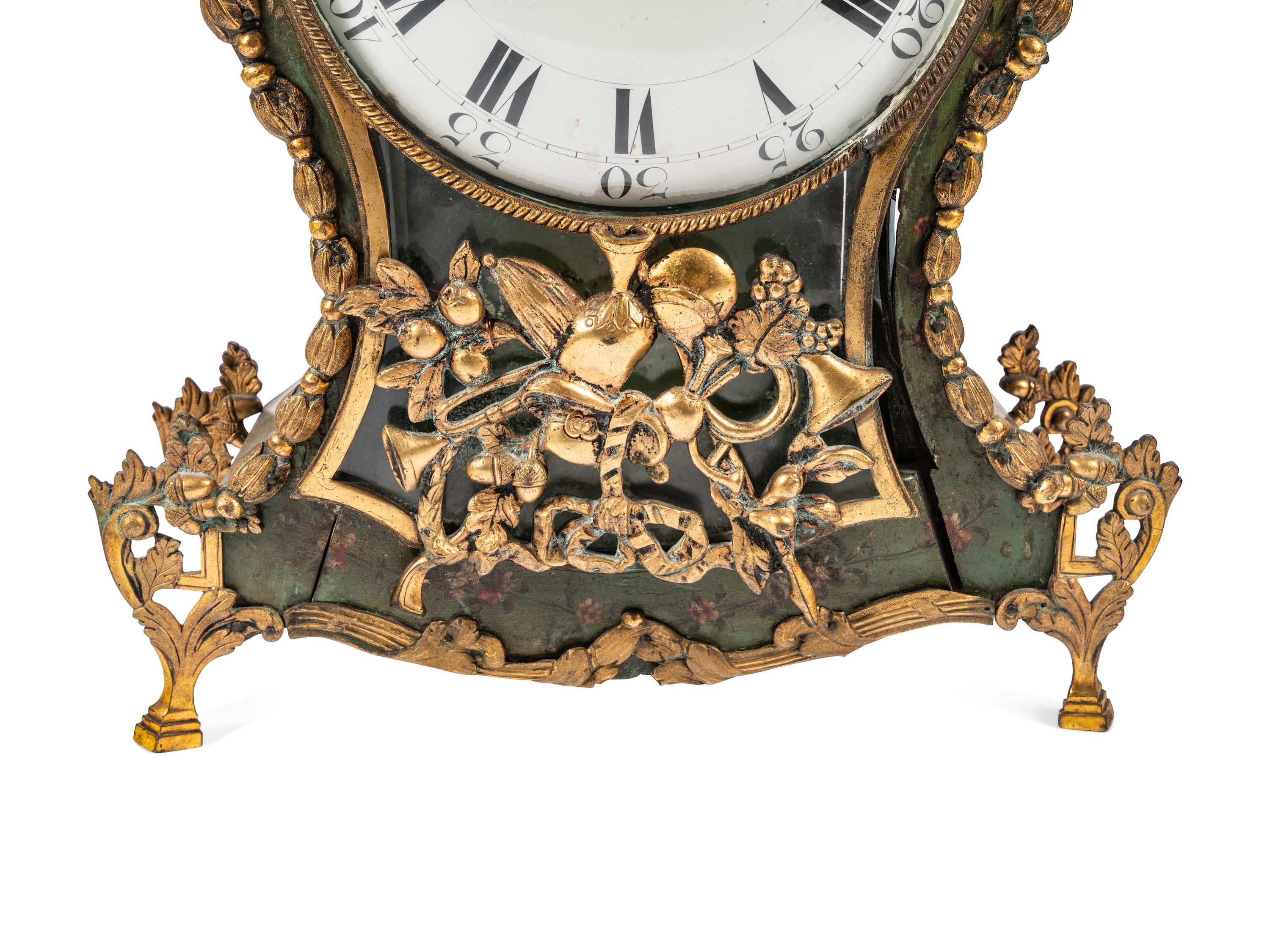 A Louis XV Gilt Metal Mounted Green-Painted Bracket Clock and Bracket