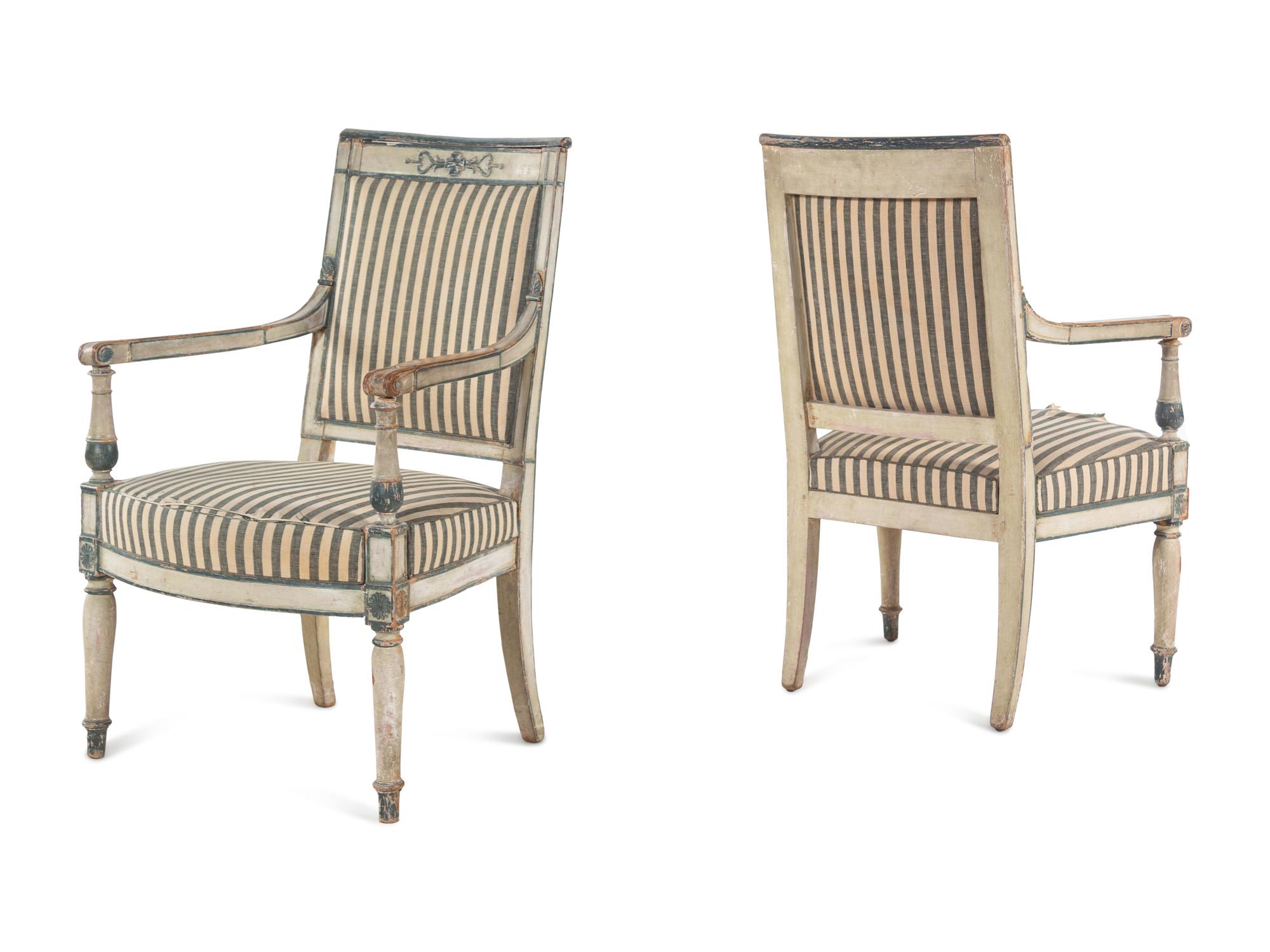 A Pair of Directoire White and Blue Painted Fauteuils