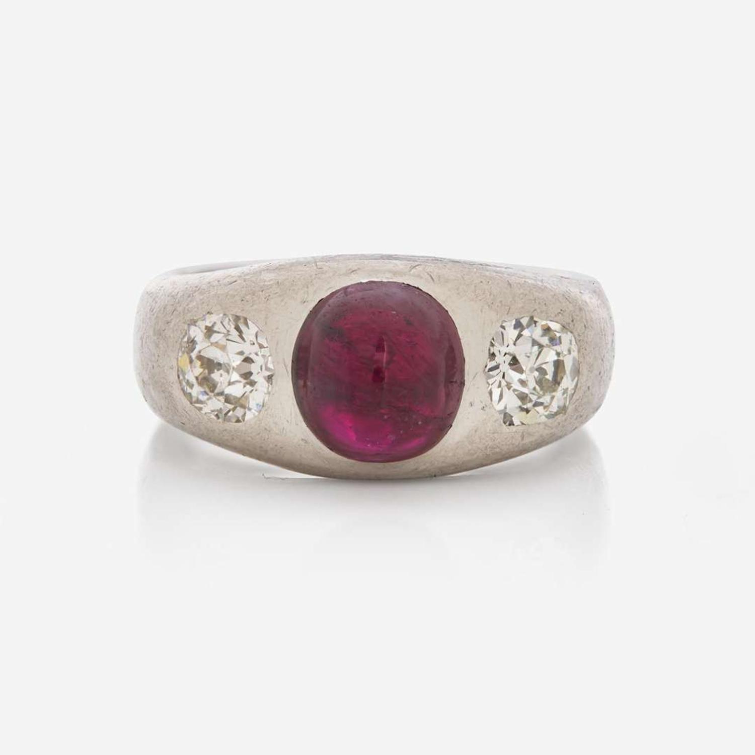 A Three-Stone Art Deco Platinum, Ruby, and Diamond Ring C.1920