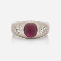 A Three-Stone Art Deco Platinum, Ruby, and Diamond Ring C.1920
