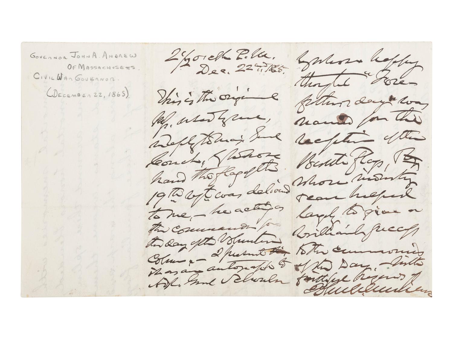 [CIVIL WAR]. ANDREW, John A. ALS related to the "Returning of the Flags" of MA Union regiments.