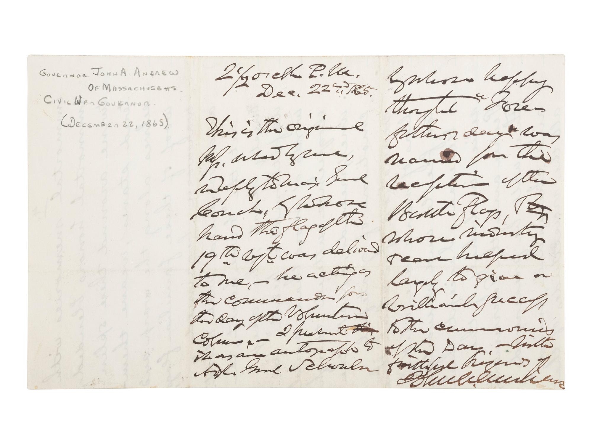[CIVIL WAR]. ANDREW, John A. ALS related to the "Returning of the Flags" of MA Union regiments.
