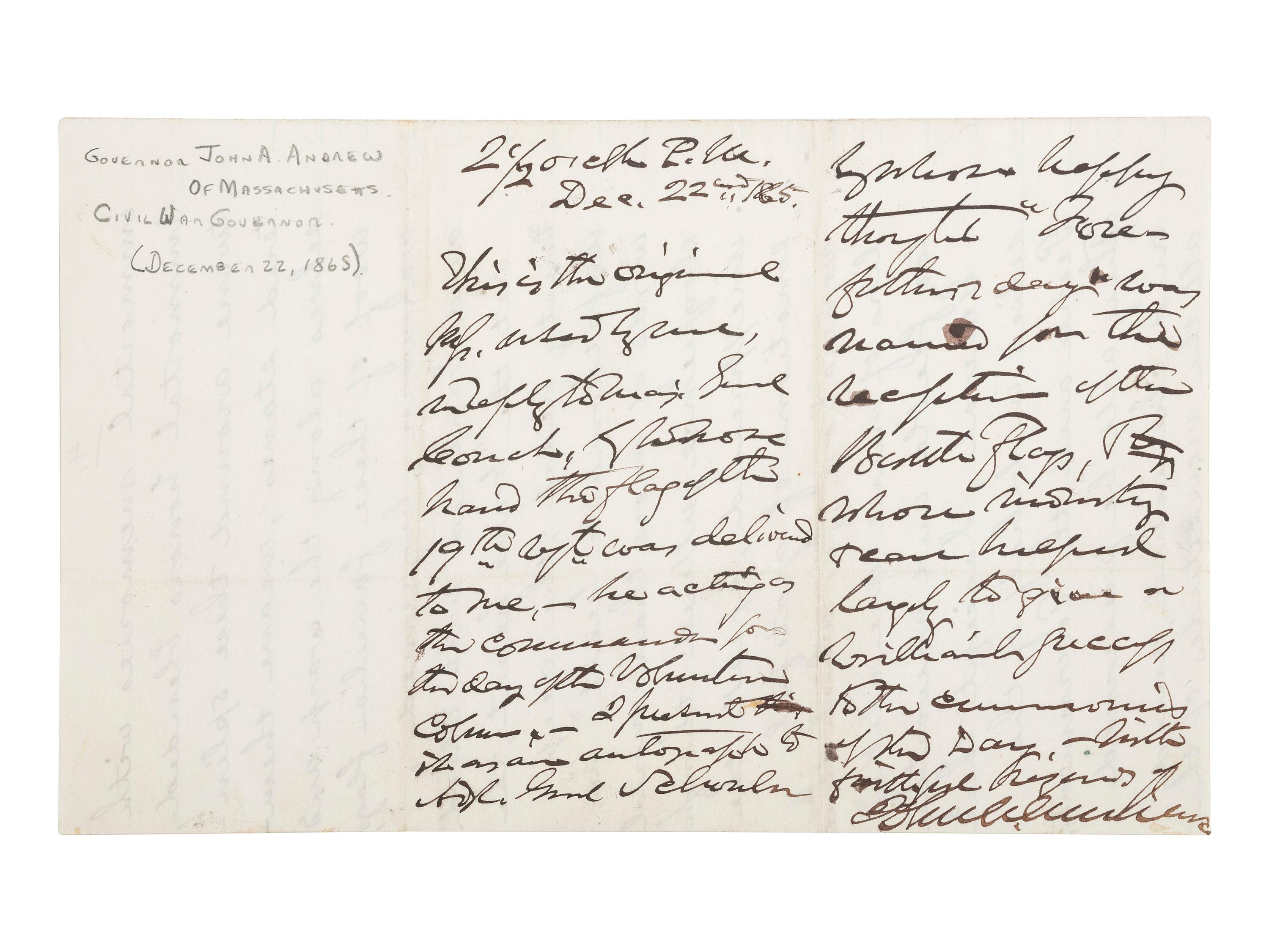 [CIVIL WAR]. ANDREW, John A. ALS related to the "Returning of the Flags" of MA Union regiments.