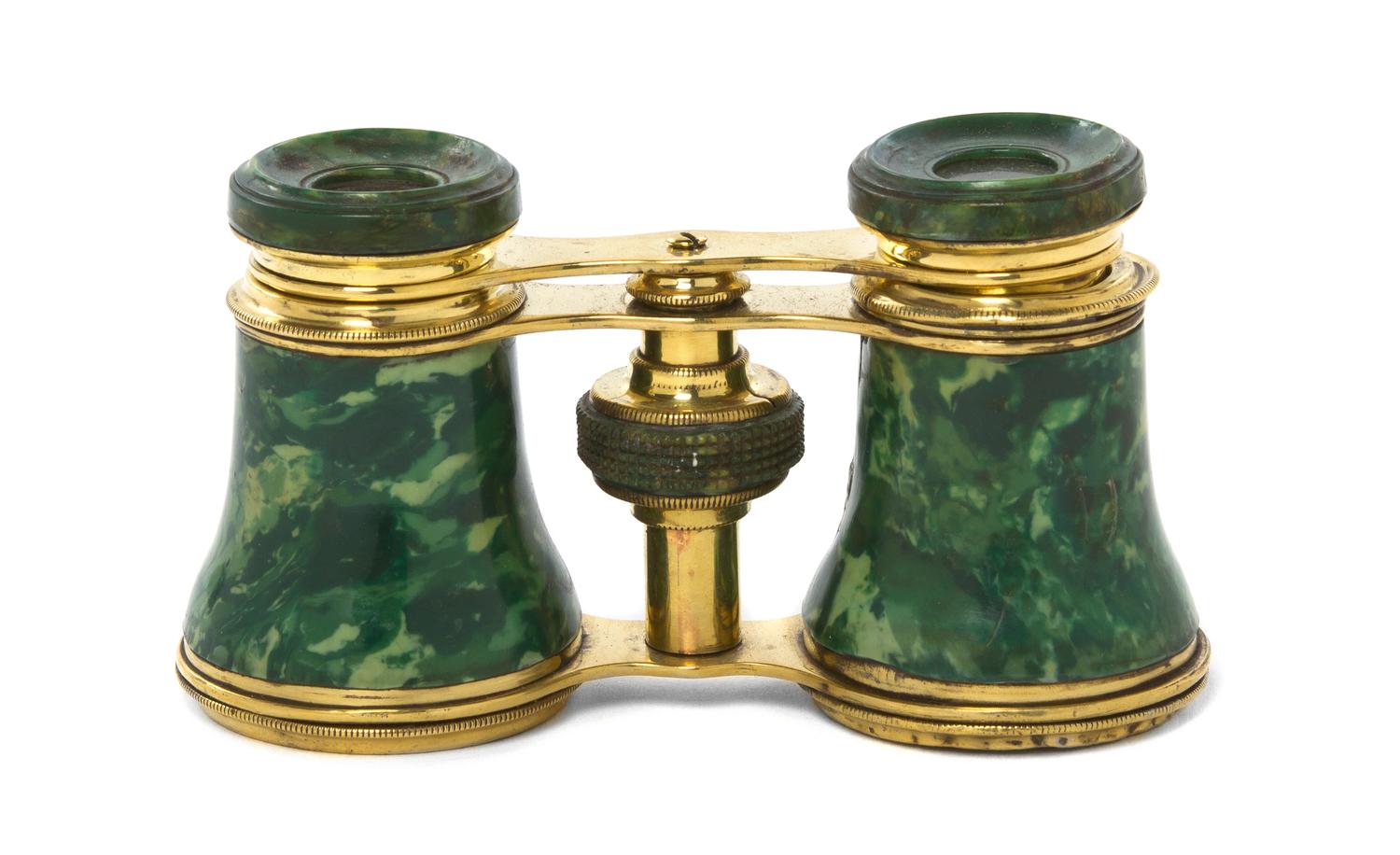A Pair of Continental Faux Malachite Opera Glasses, Width 4 1/8 inches.
