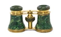 A Pair of Continental Faux Malachite Opera Glasses, Width 4 1/8 inches.