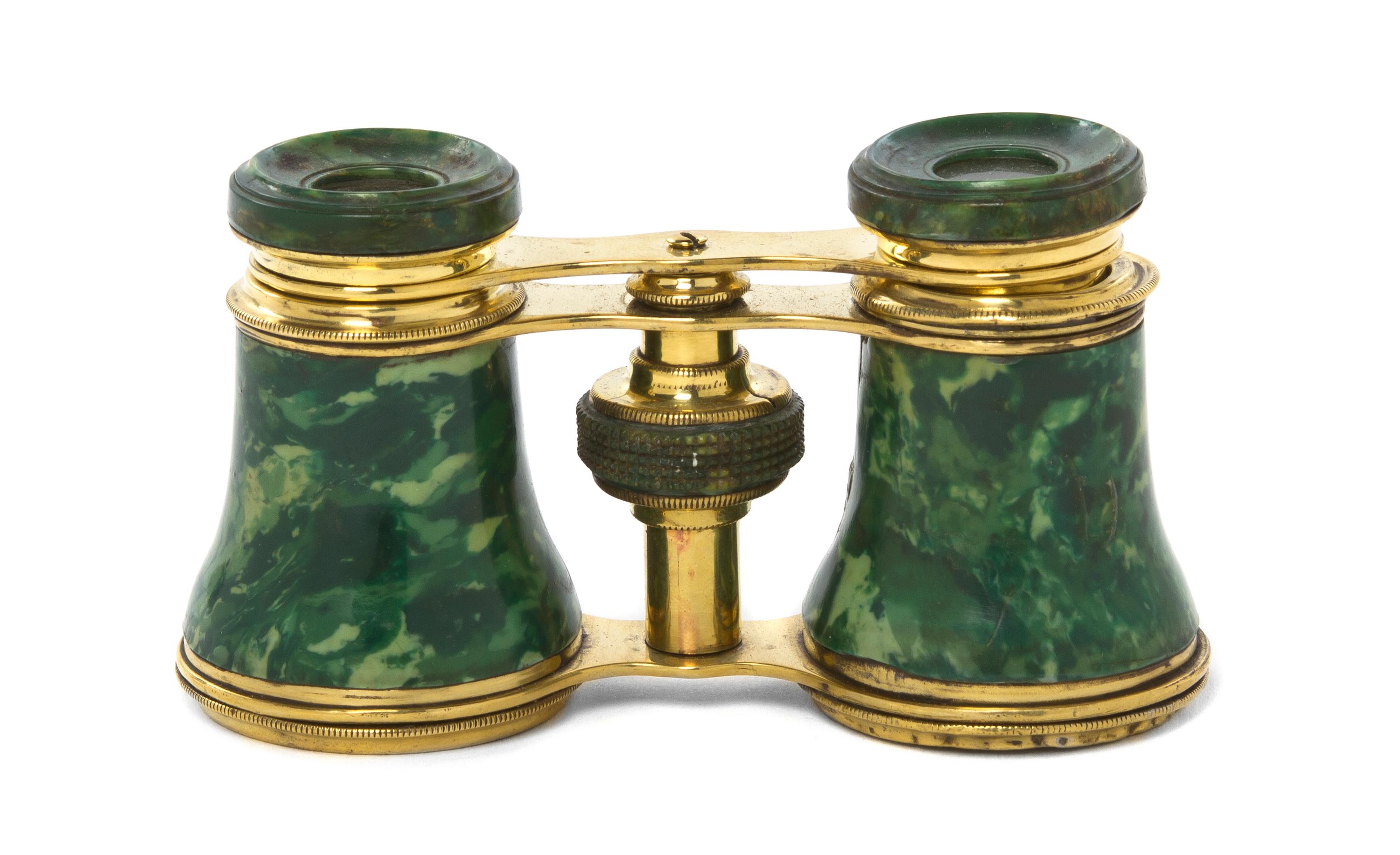 A Pair of Continental Faux Malachite Opera Glasses, Width 4 1/8 inches.