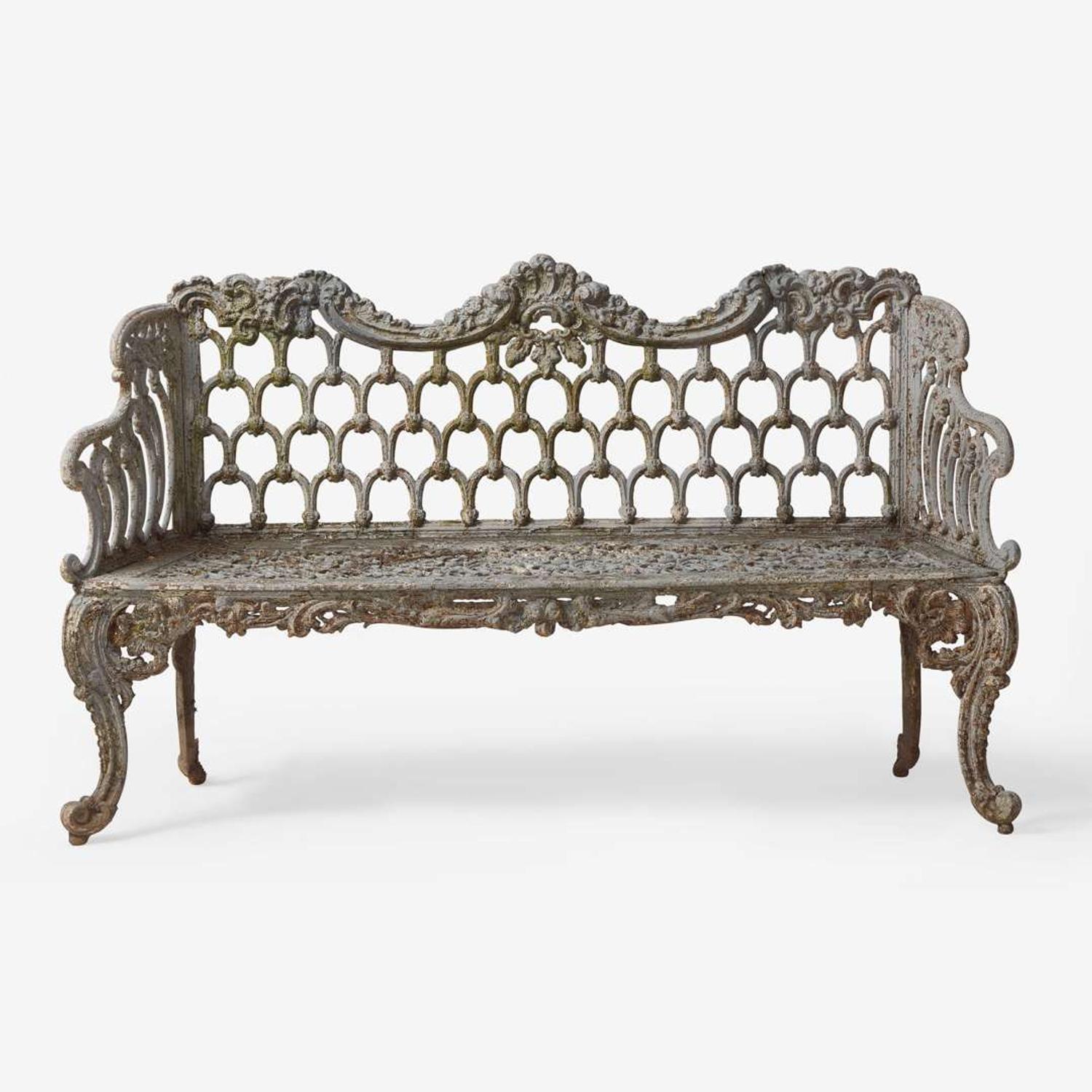 A pair of black-painted cast iron garden armchairs and bench Jacob Sobers, Philadelphia, PA, and John Mclean, New York, NY, late 19th century